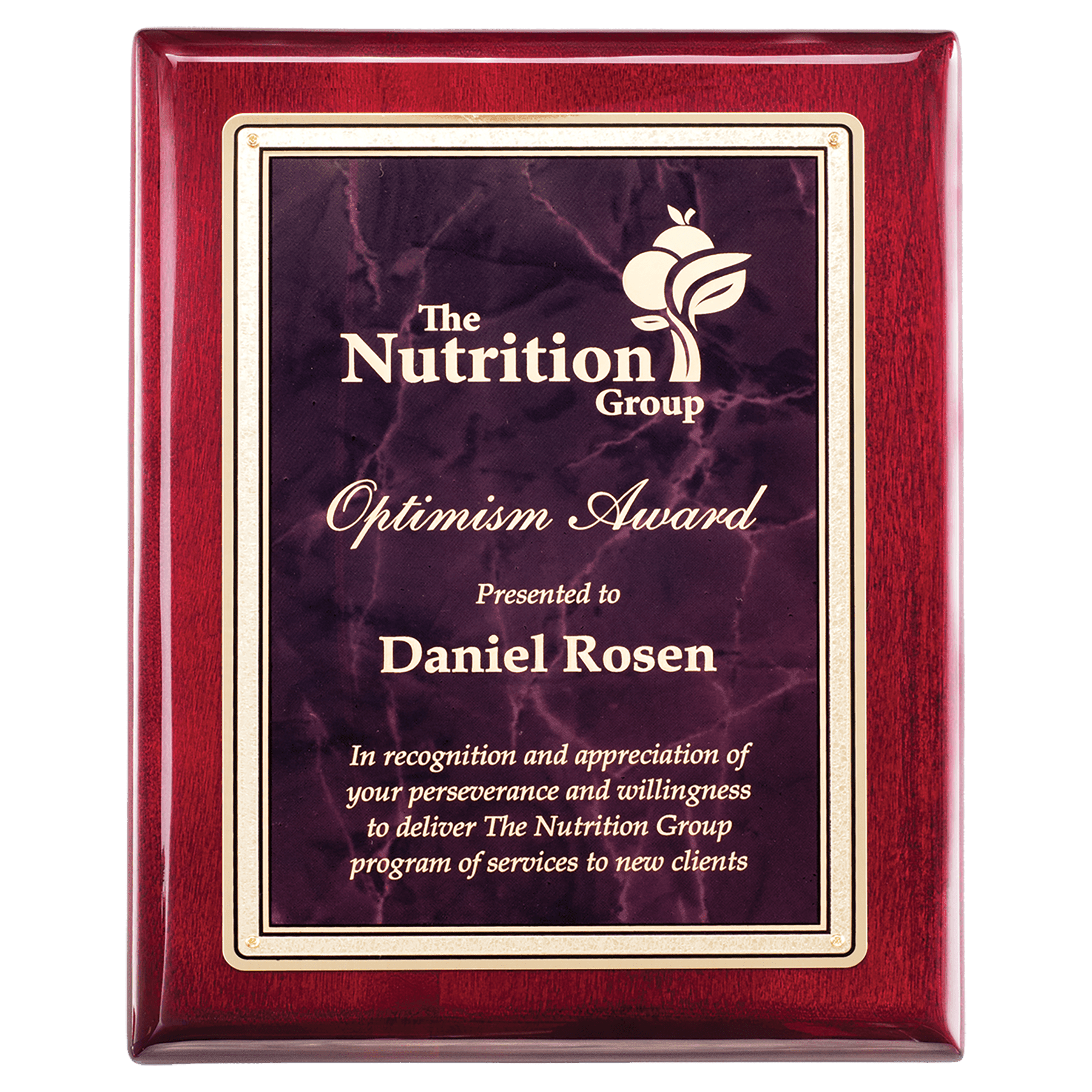 7" x 9" Rosewood Piano Finish Plaque with Ruby Marble/Gold Florentine Design LaserFX Plate