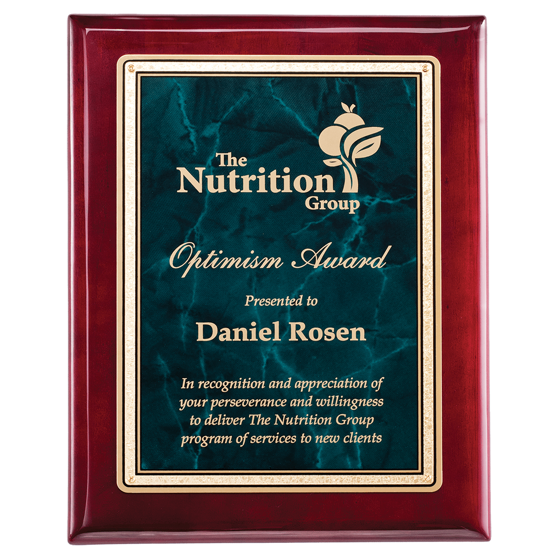 7" x 9" Rosewood Piano Finish Plaque with Emerald Marble/Gold Florentine Design LaserFX Plate