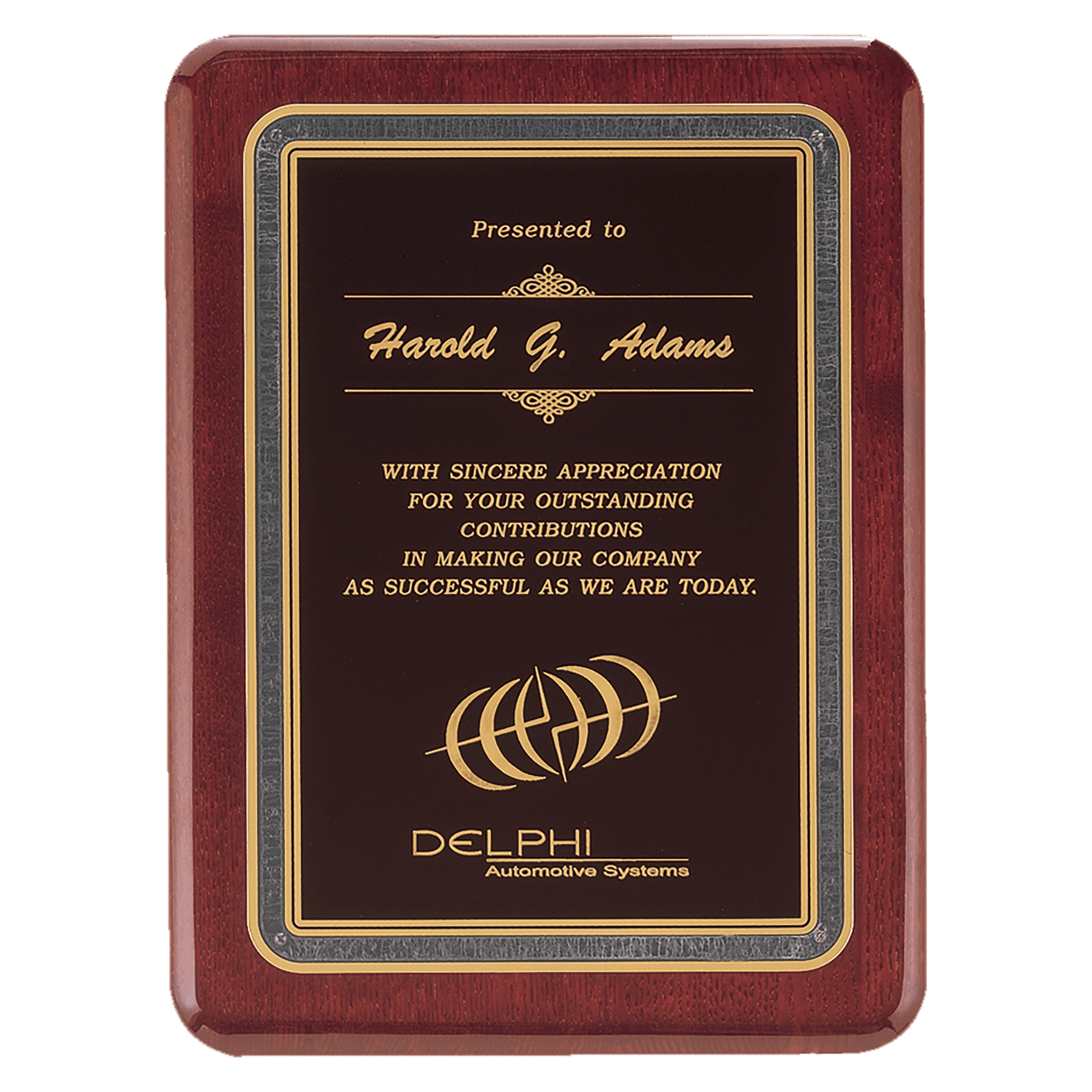 7" x 9" Rosewood Piano Finish Plaque with Black/Gold Florentine Design LaserFX Plate