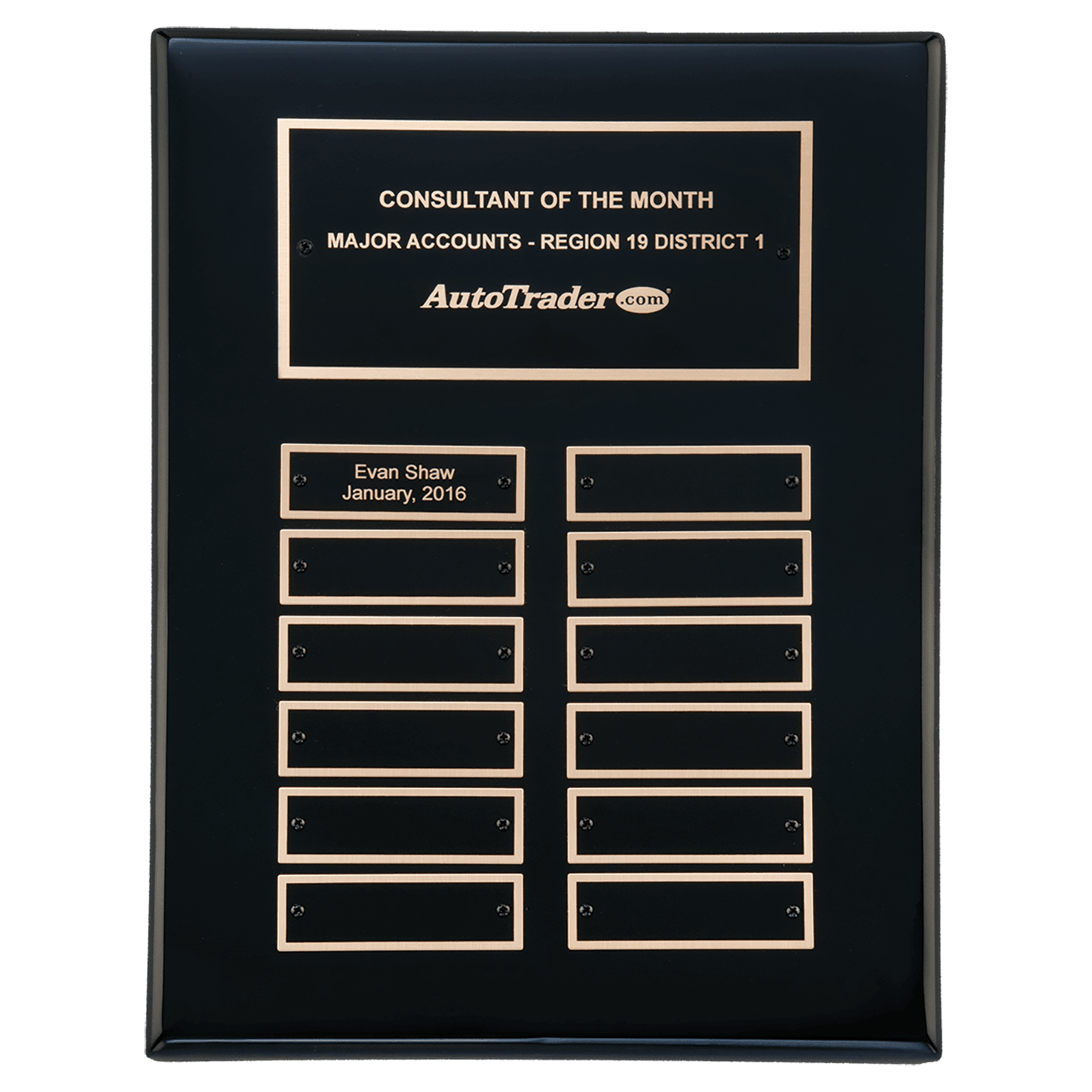9" x 12" Airflyte Black Piano Finish 12 Plate Perpetual Plaque with Black Brass Plates