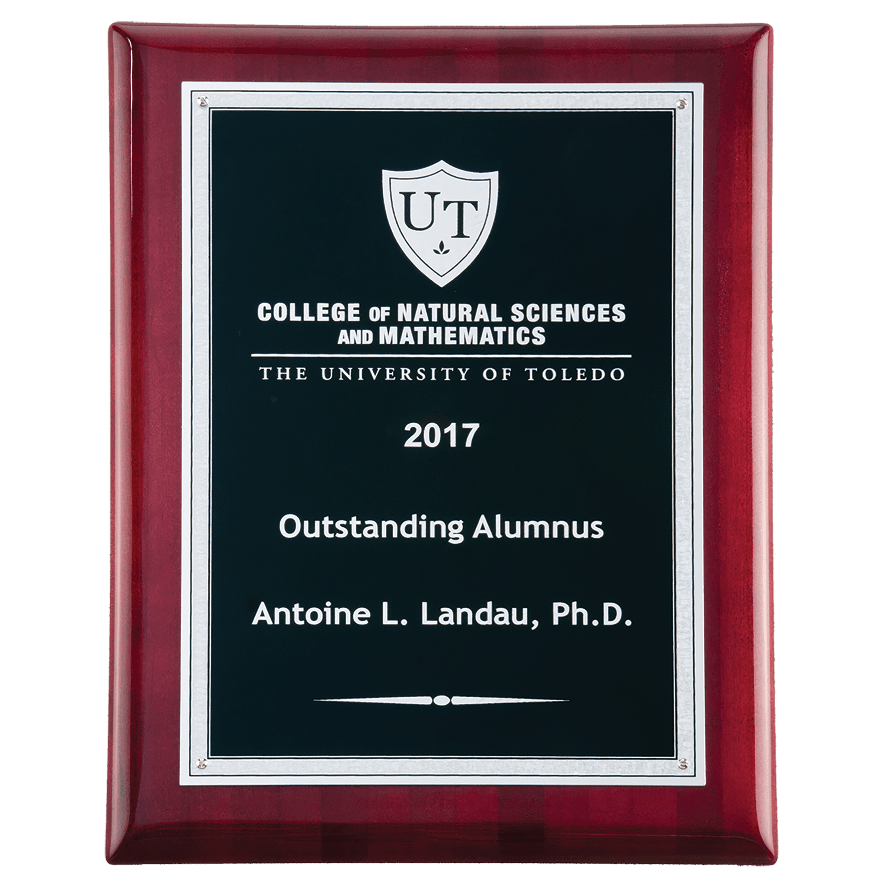 7" x 9" Airflyte Rosewood Piano Finish Plaque with Textured Black LaserFX Plate with Silver Florentine Border