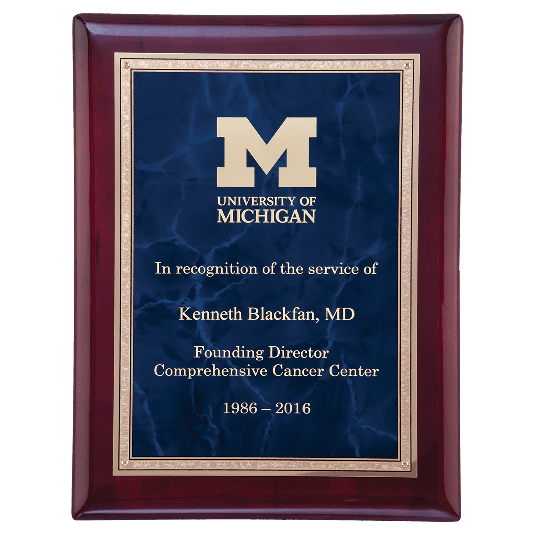 7" x 9" Airflyte Rosewood Piano Finish Plaque with Sapphire Marble with Gold Florentine Border LaserFX Plate