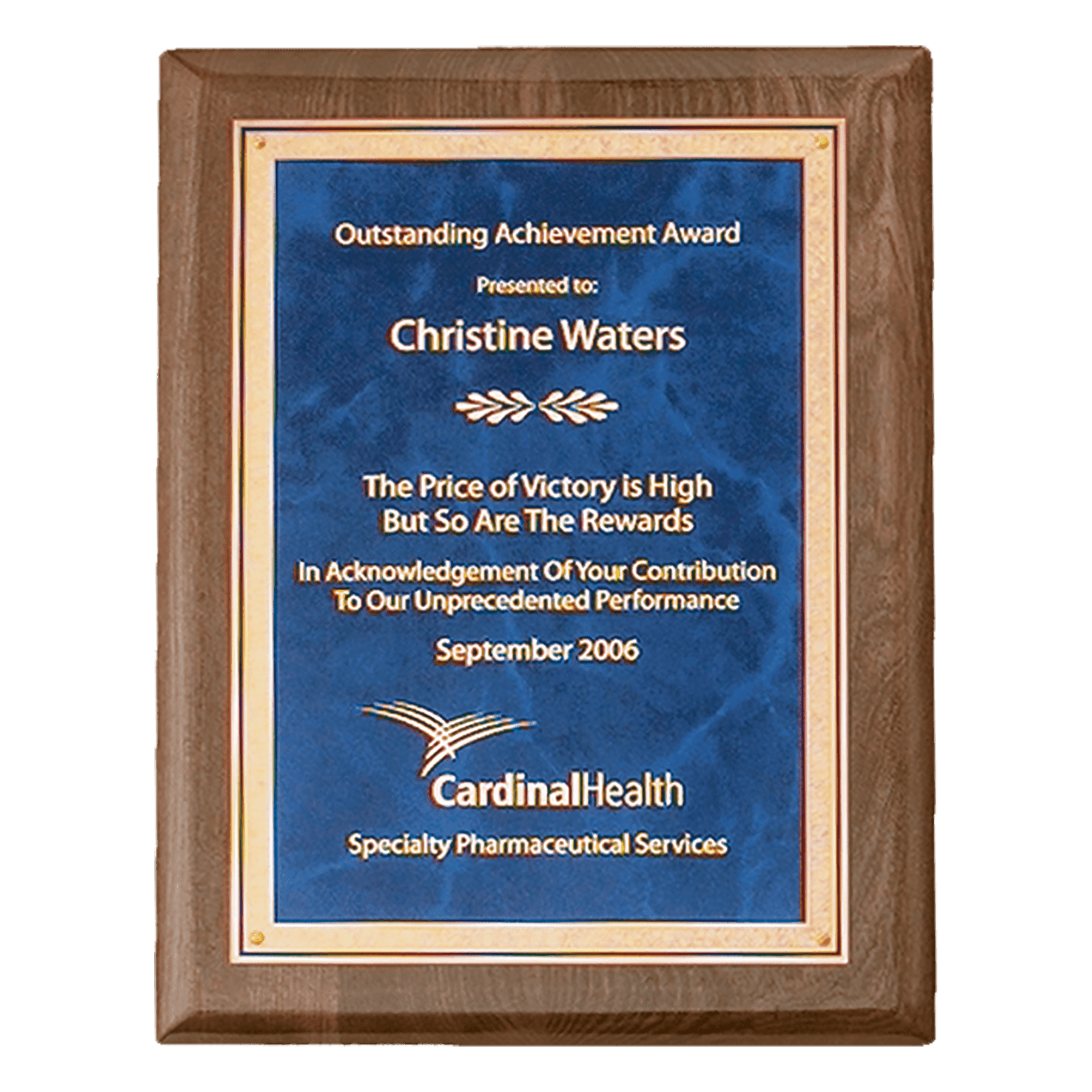 9" x 12" Airflyte Premium Walnut Piano Finish Plaque with Gold Florentine Border Sapphire Marble LaserFX Plate