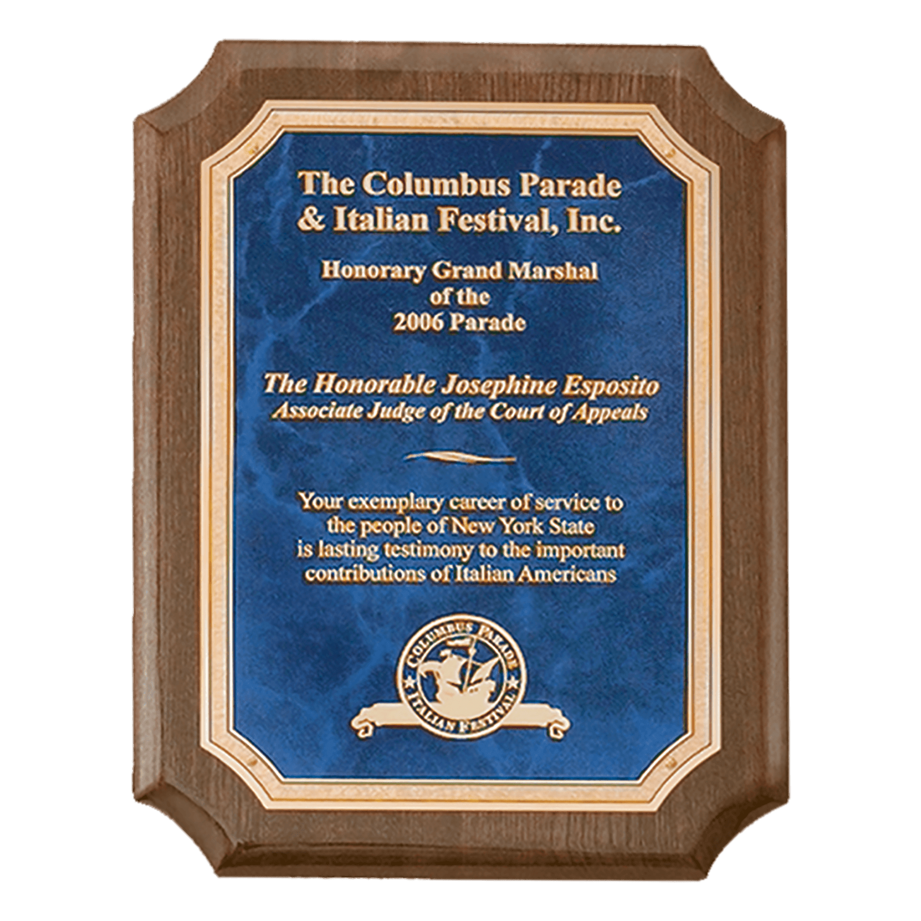 7" x 9" Airflyte Premium Walnut Piano Finish Plaque with Gold Florentine Border Sapphire Marble LaserFX Plate