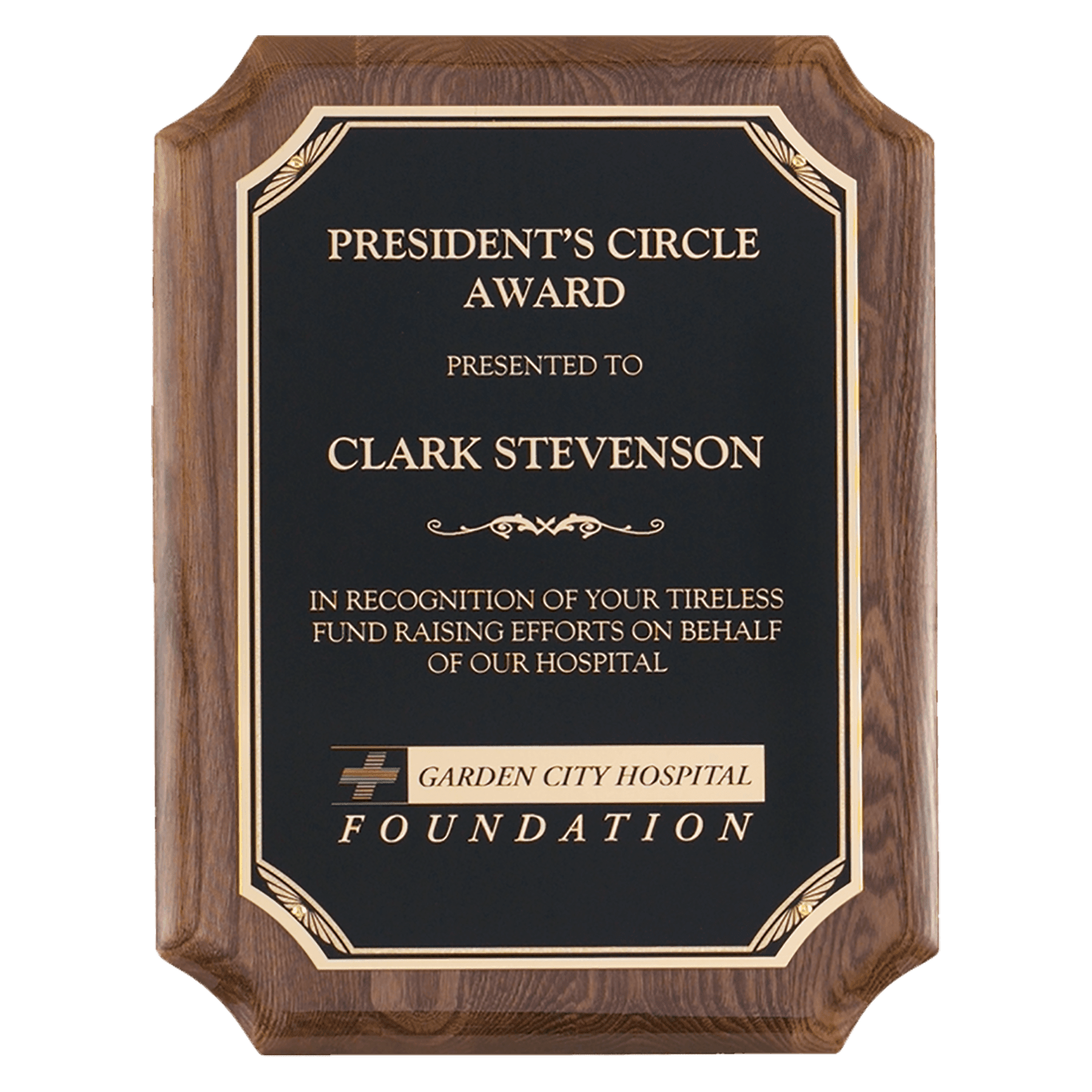 7" x 9" Airflyte Walnut Piano Finish Plaque with Gold Florentine Border Black LaserFX Plate