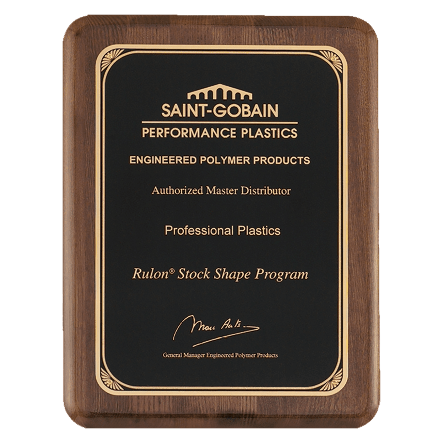 7" x 9" Airflyte Premium Walnut Piano Finish Plaque with Gold Florentine Border LaserFX Plate