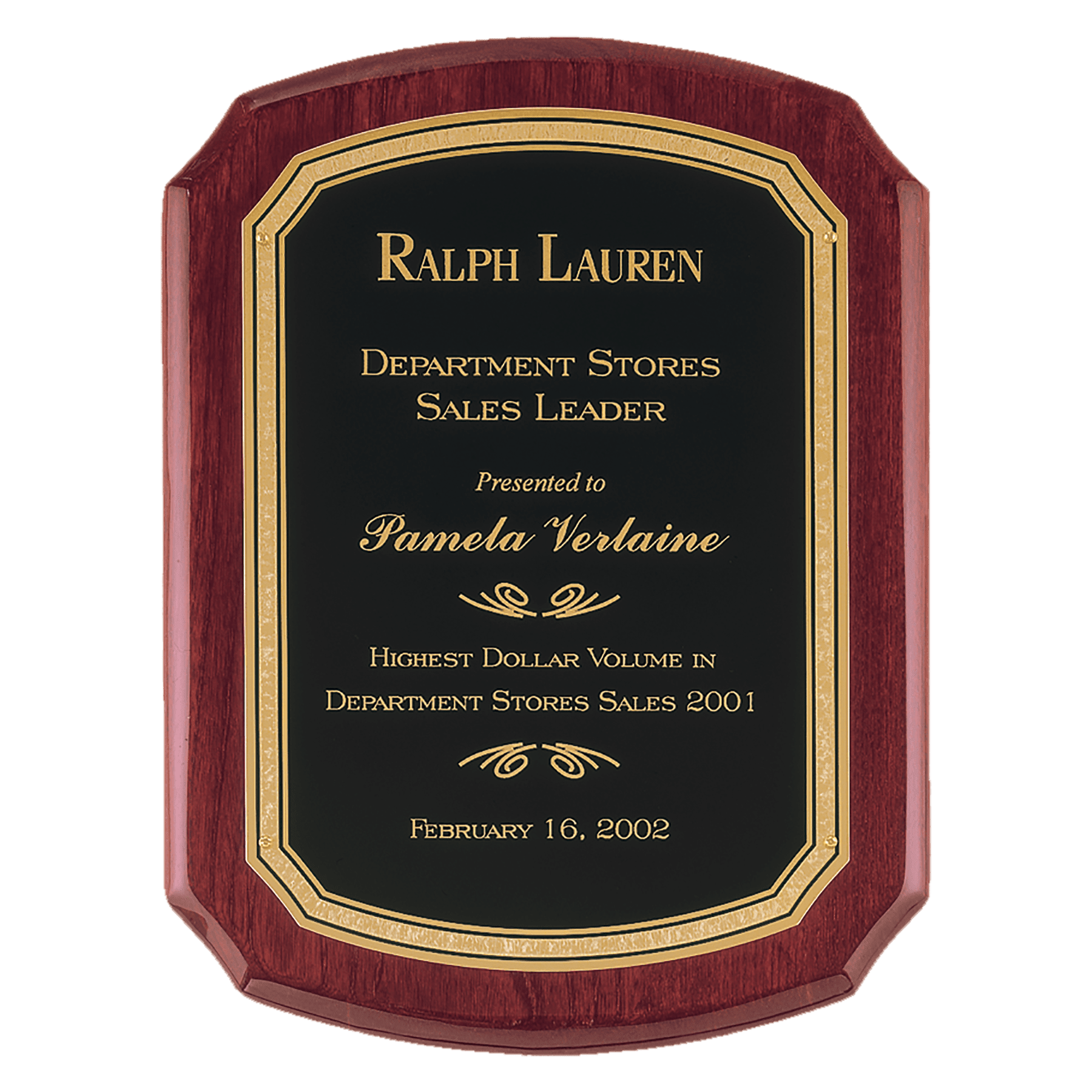 8" x 10 1/2" Airflyte Rosewood Piano Finish Plaque with Black/Gold Florentine Border LaserFX Plate