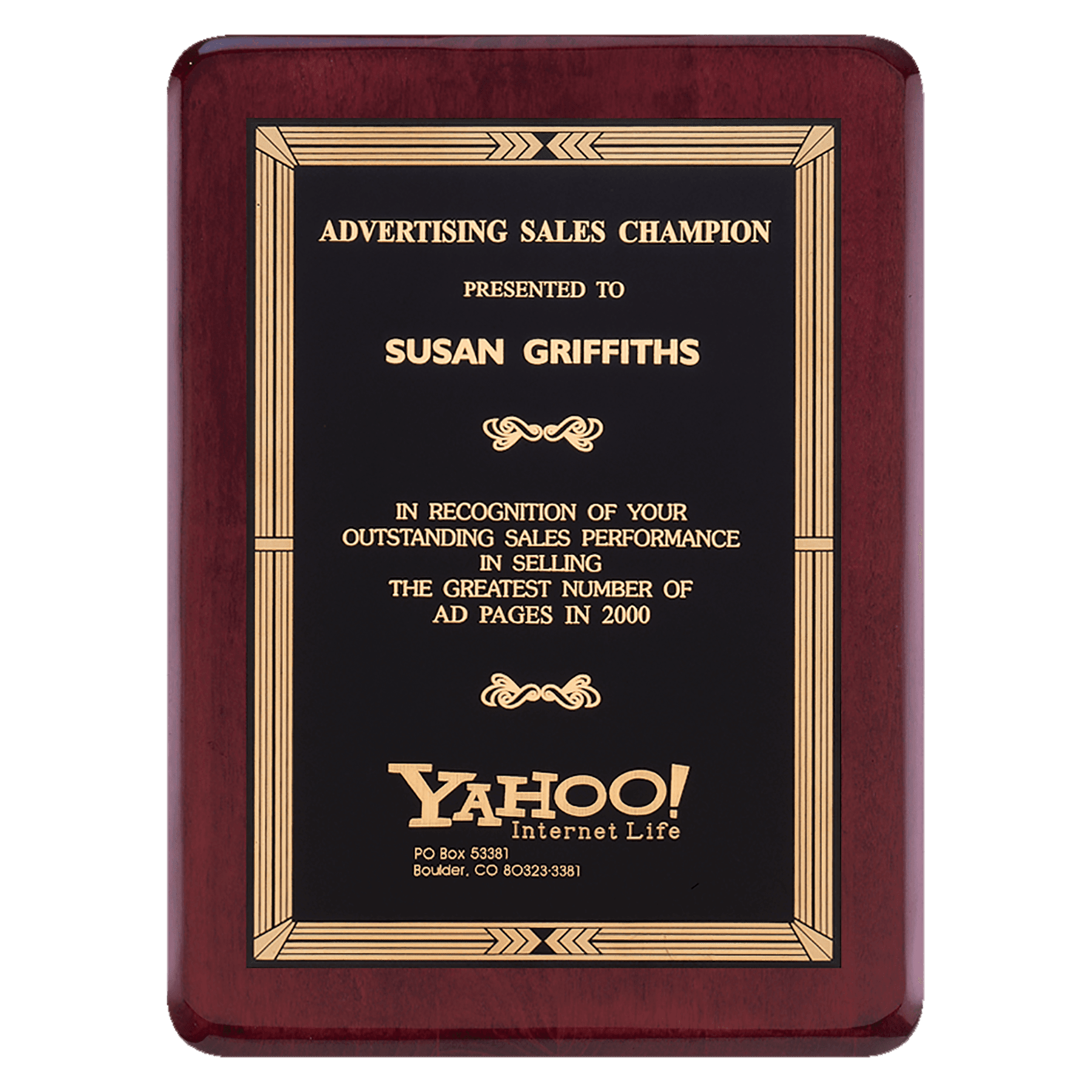 9" x 12" Airflyte Premium Rosewood Piano Finish Plaque with Gold Border Black Laserable Brass Plate