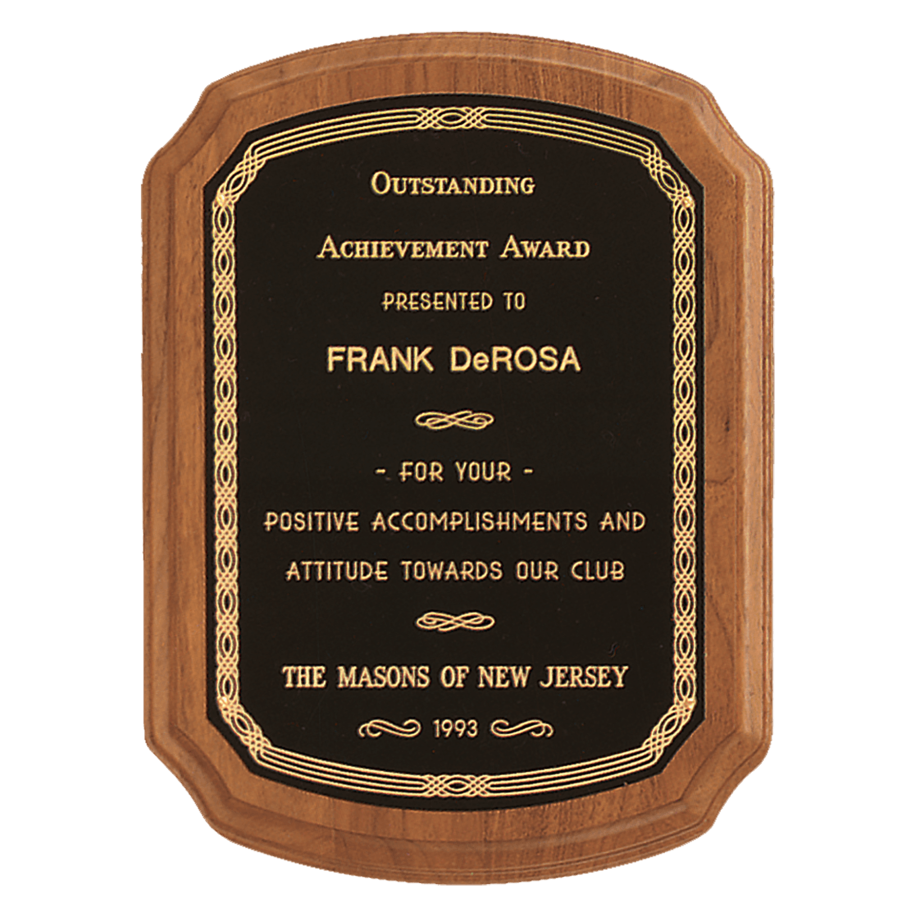 9" x 12" Coventry Series American Walnut Plaque with Gold Border Laserable Black Brass Plate