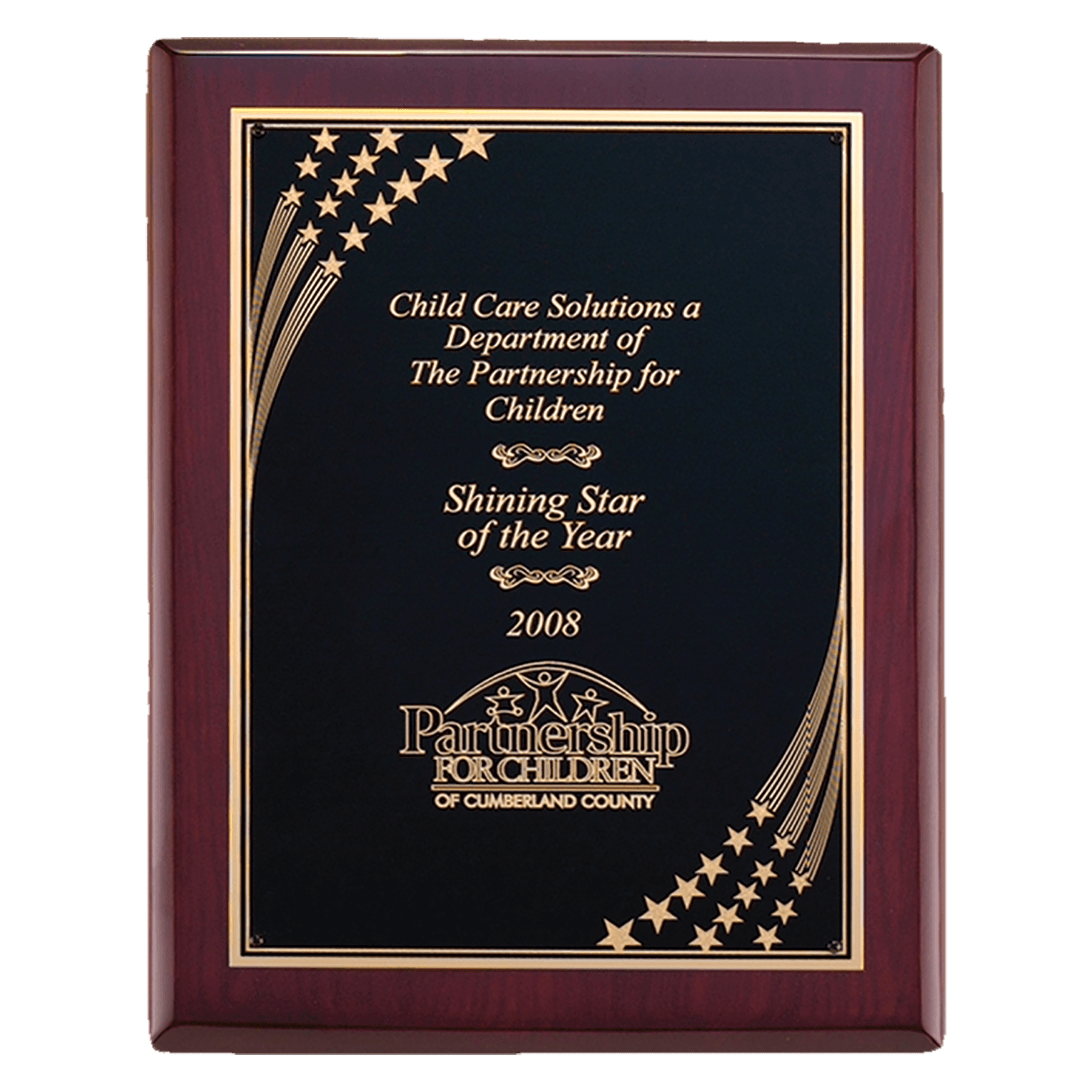 8" x 10 1/2" Airflyte Rosewood Piano Finish Plaque with Gold Florentine Star Border LaserFX Plate