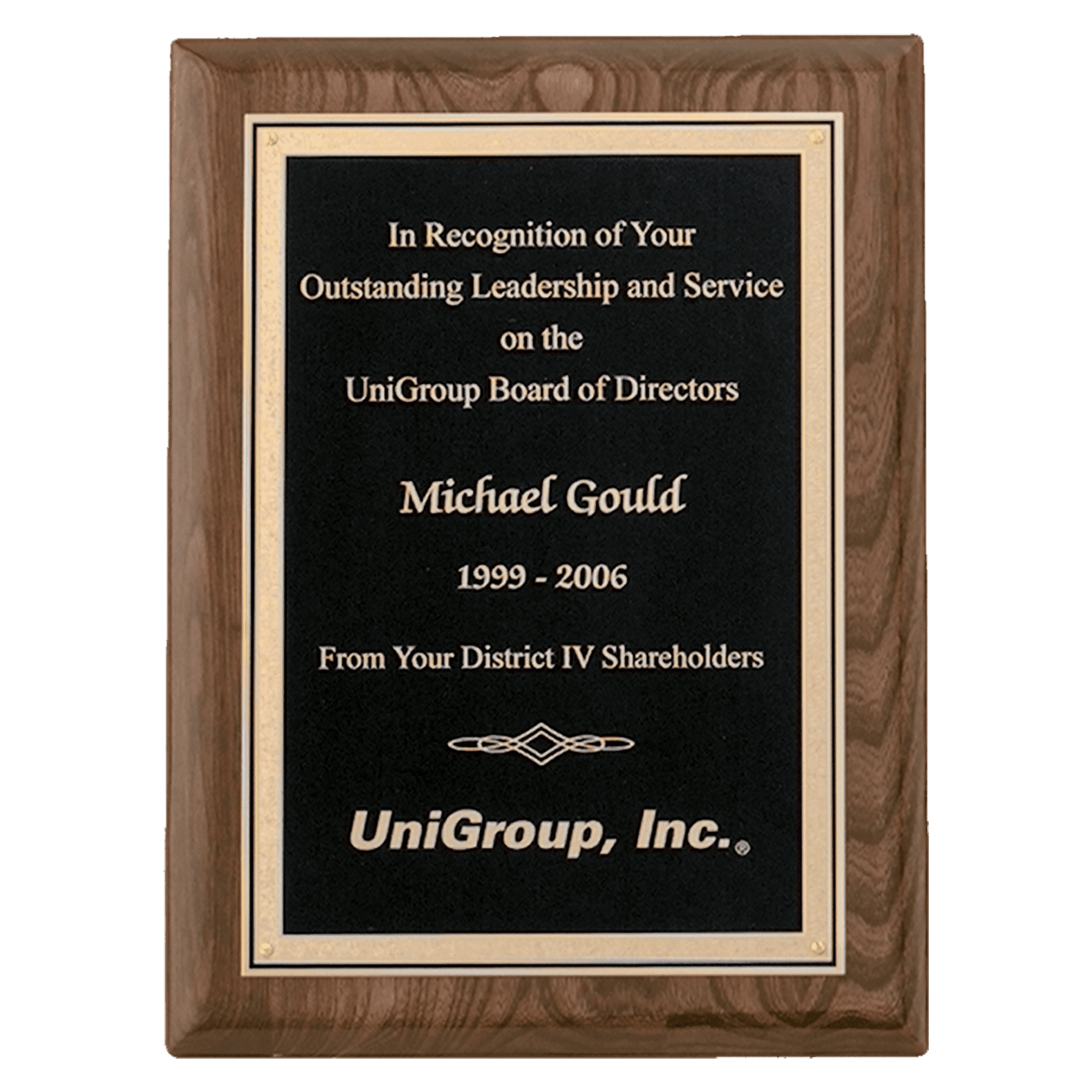 9" x 12" Airflyte Walnut Piano Finish Plaque with Textured Black/Gold Florentine Border LaserFX Plate