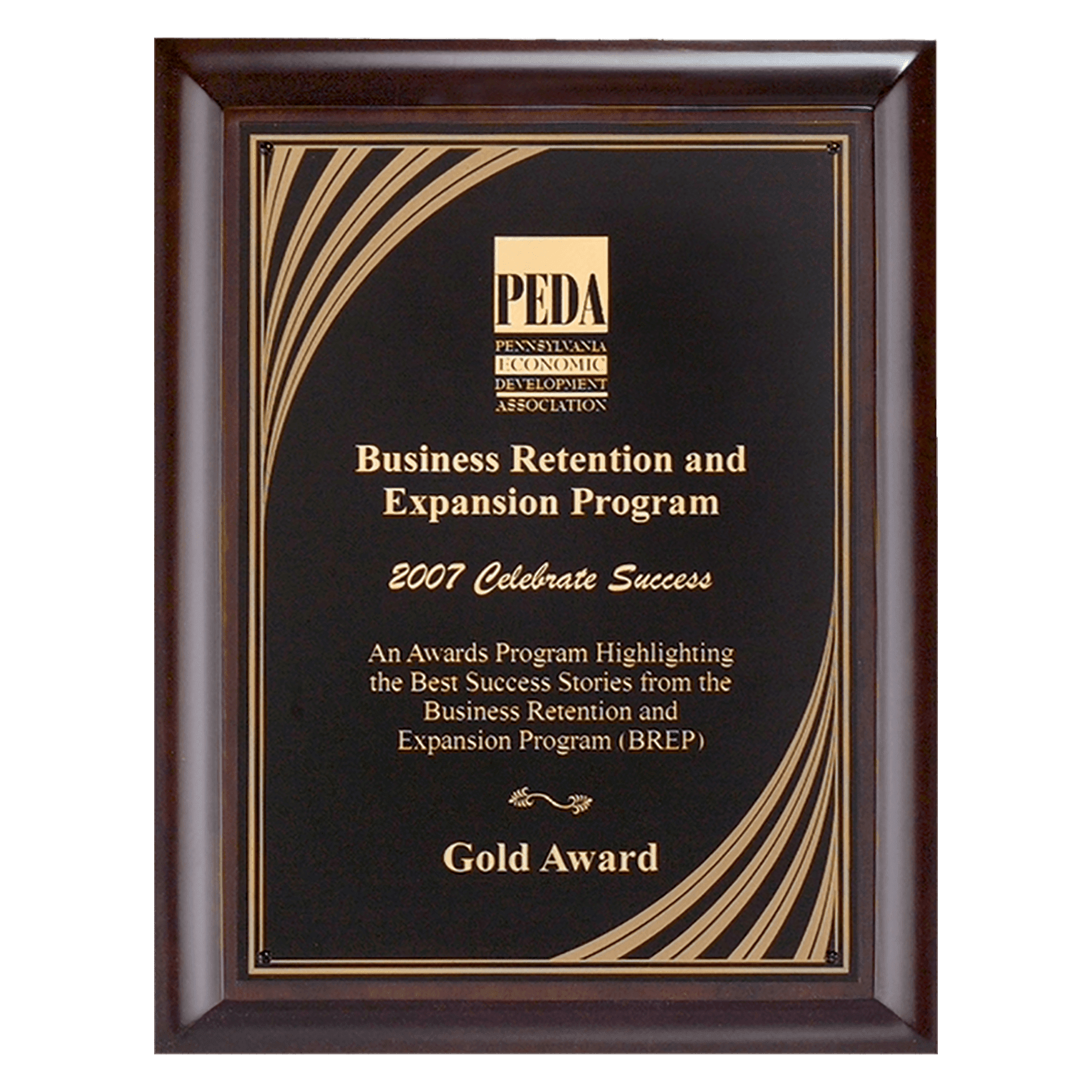 9" x 12" Hand Rubbed Cherry Finish Plaque with Cascading Gold Swirl Design Laserable Black Brass Plate