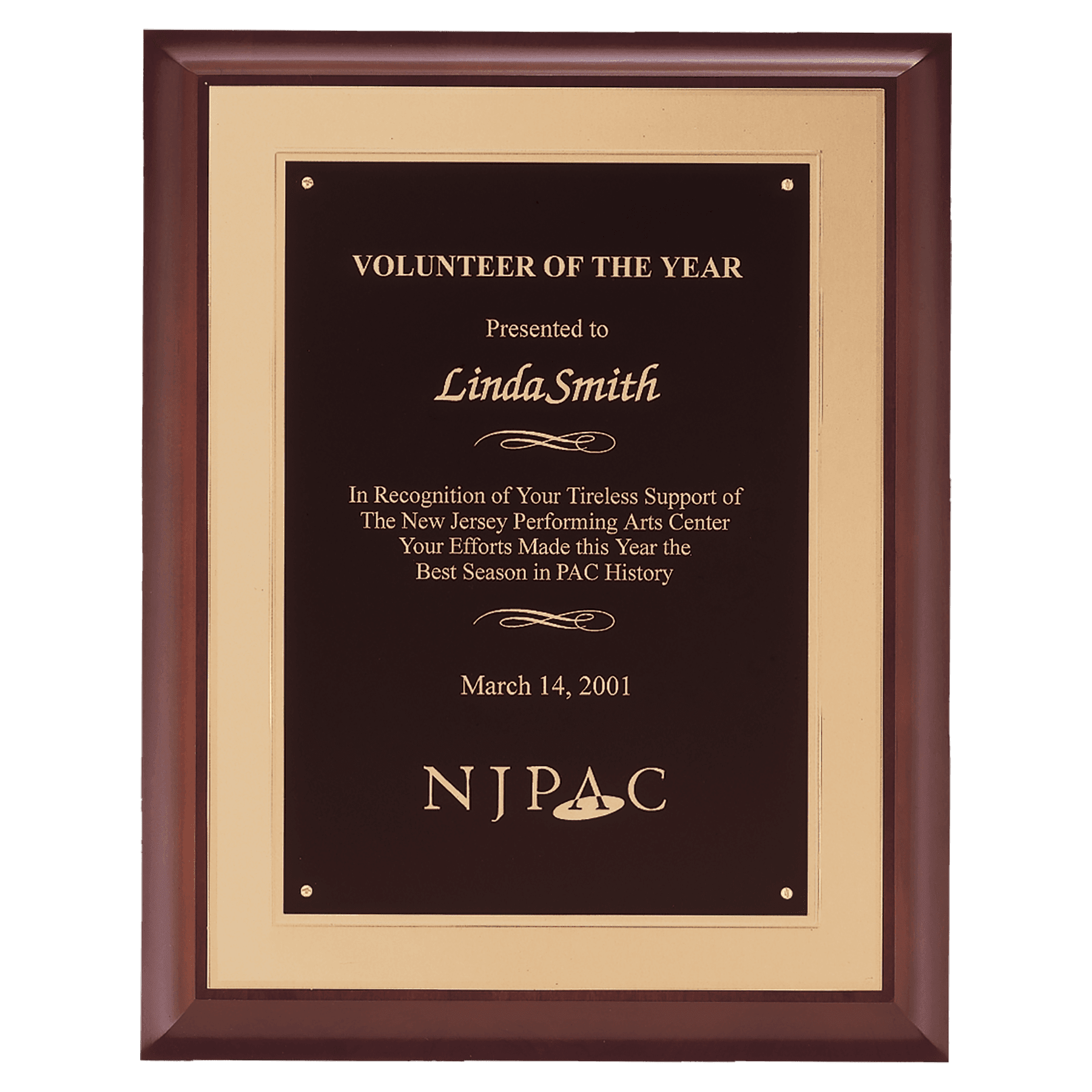 11" x 14" Hand Rubbed Cherry Finish Plaque with Black Laserable Brass Plate on a Gold Embossed Back Plate