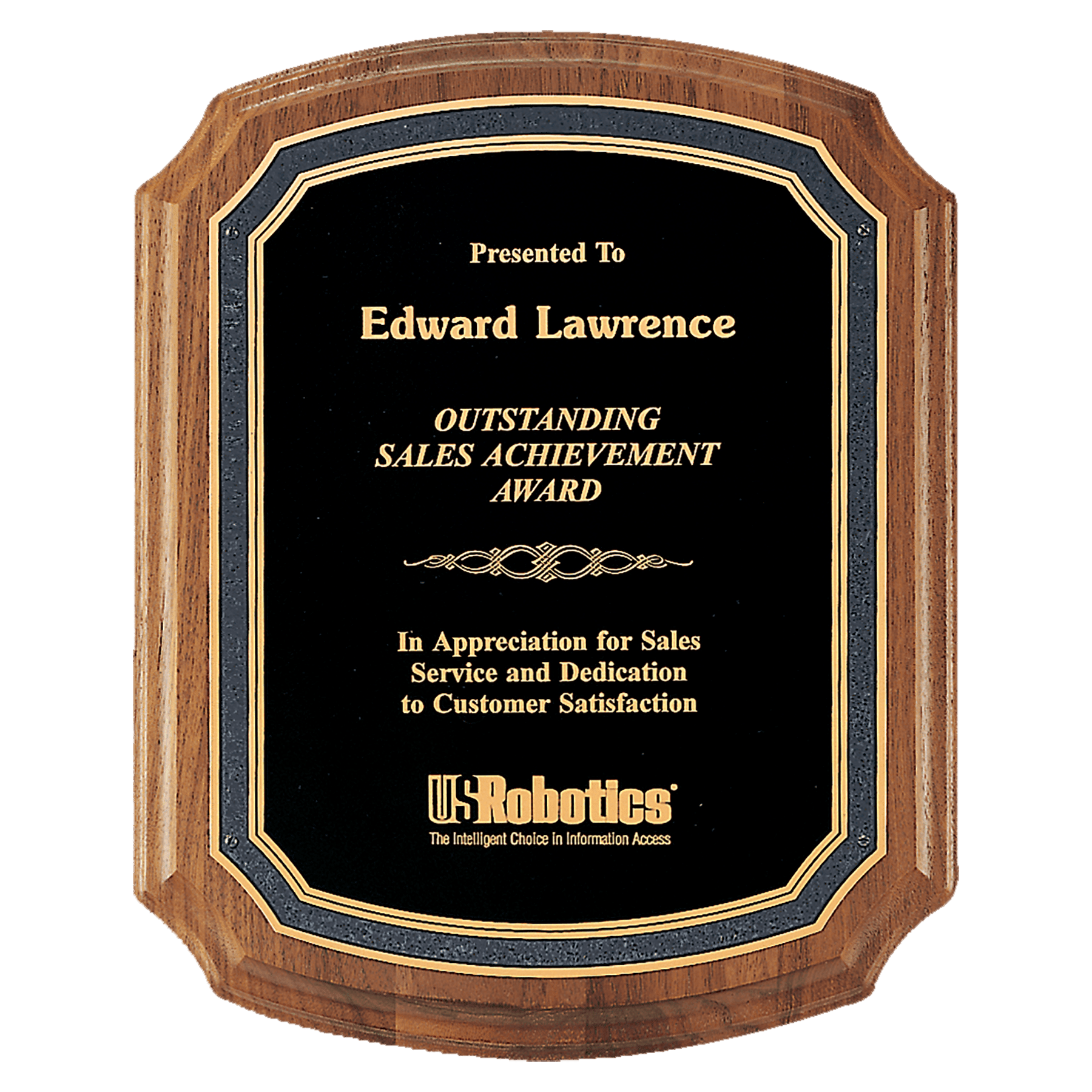 10 1/2" x 13" American Walnut Plaque with Black/Gold Florentine Border Textured Black Plate