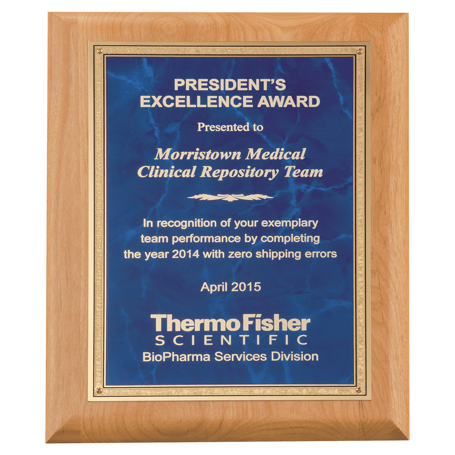 8" x 10" Natural Alder Wood Plaque with Sapphire Marble Gold Florentine Bordered LaserFX Plate