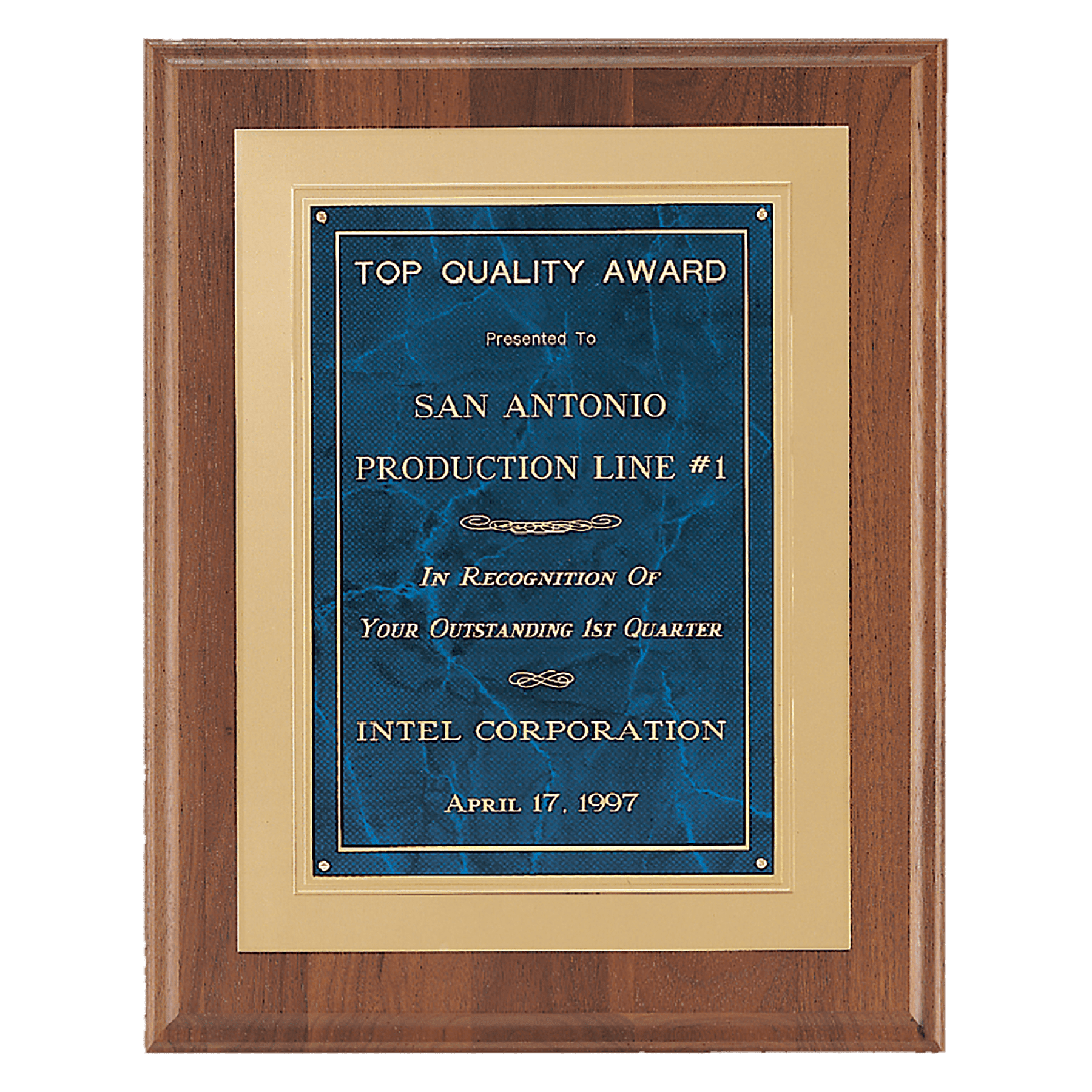 12" x 15" American Walnut Step Edge Plaque with Sapphire Marble Gold Framed LaserFX Plate