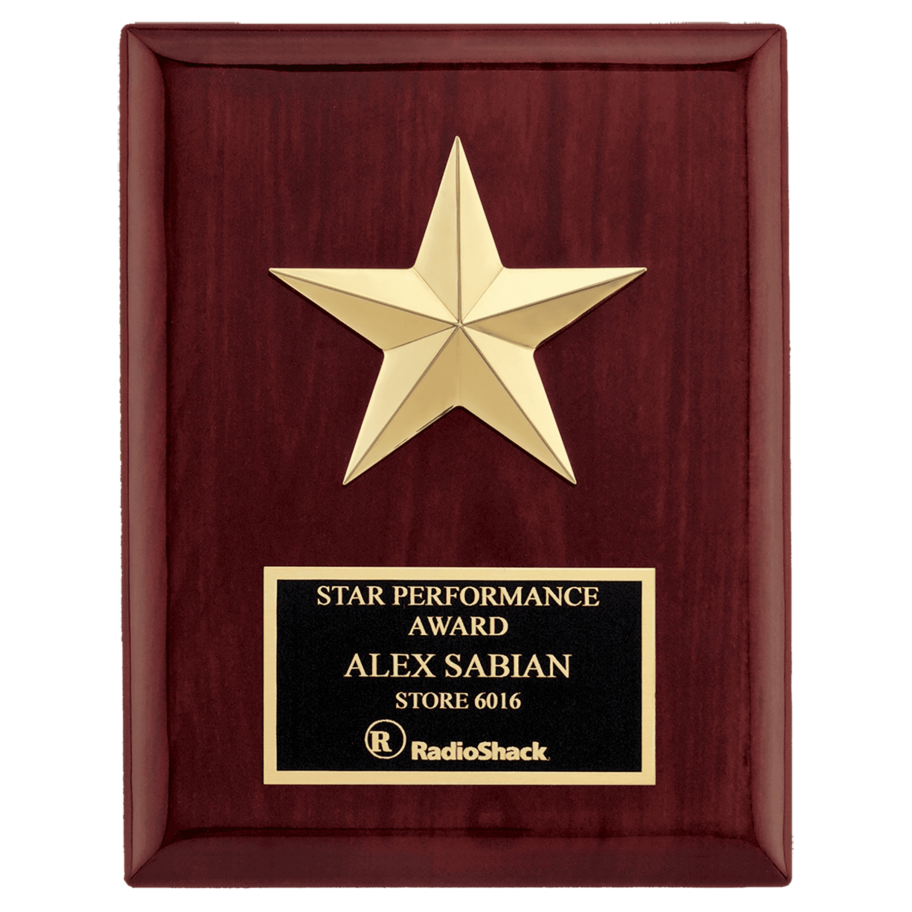 6" x 8" Star Casting with Gabled Points and Goldtone Finish on a Rosewood Piano Finish Plaque with a Black Laserable Plate