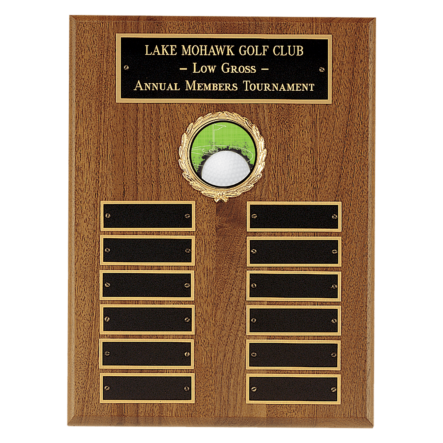 9" x 12" American Walnut Perpetual Plaque with 12 Gold Border Black Laserable Brass Plates and 2" Insert Holder- Witney Series