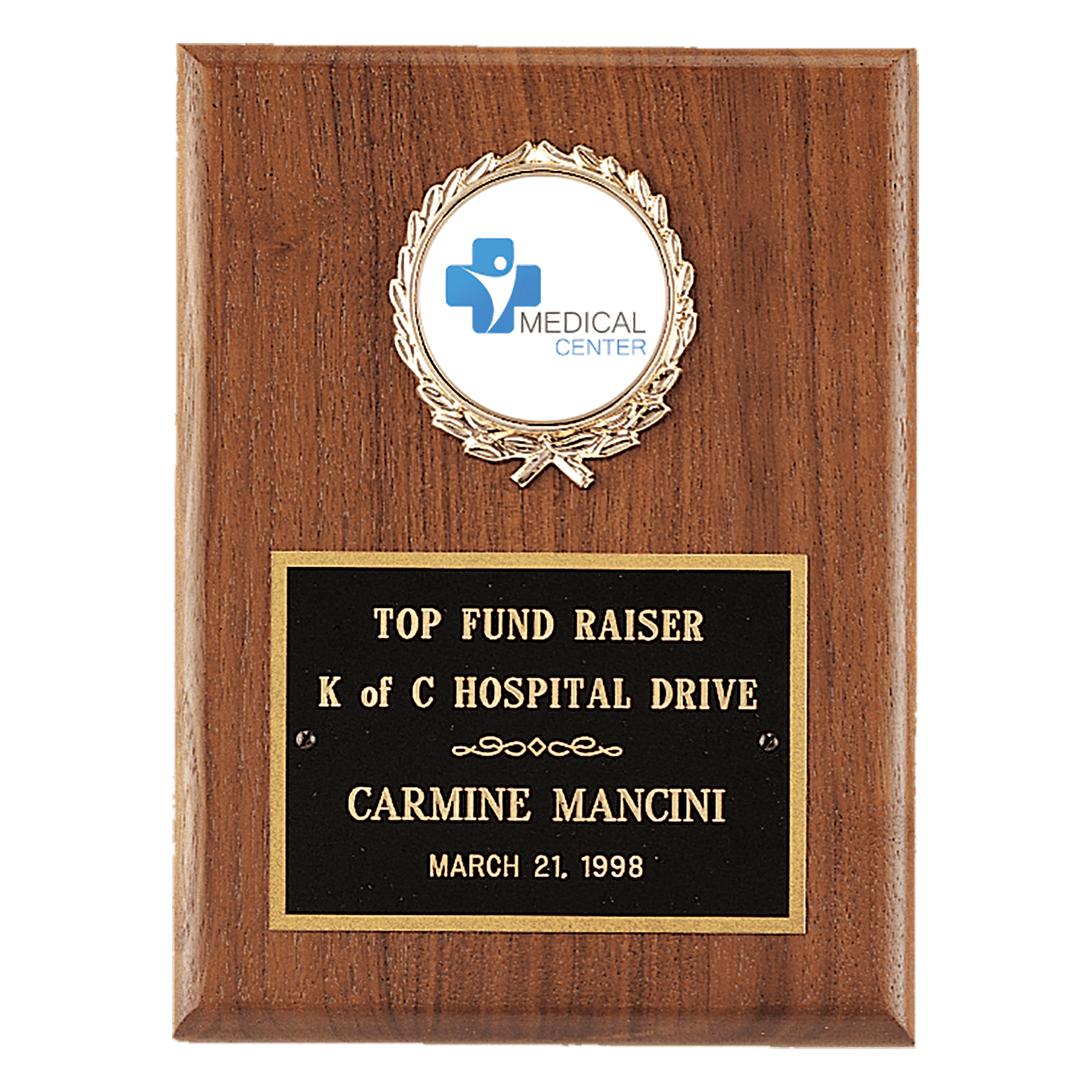 6" x 8" American Walnut Plaque with Gold Border Black Laserable Brass Plate and 2" Insert Holder- Witney Series (2" Inserts Sold Seperately)