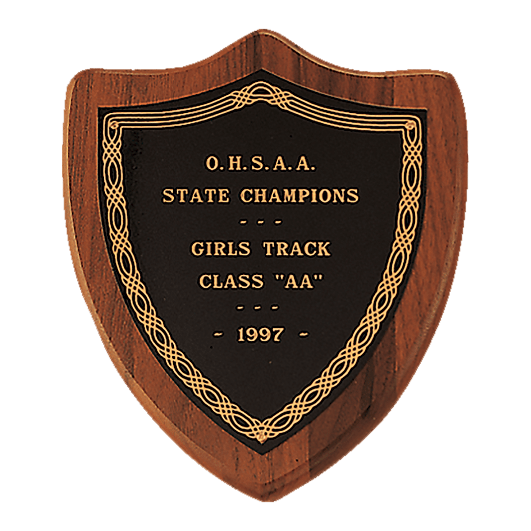 7" x 8" Jewelers Black Laserable Gold Border Shield Plate on an American Walnut Shield Plaque- Sheffield Series