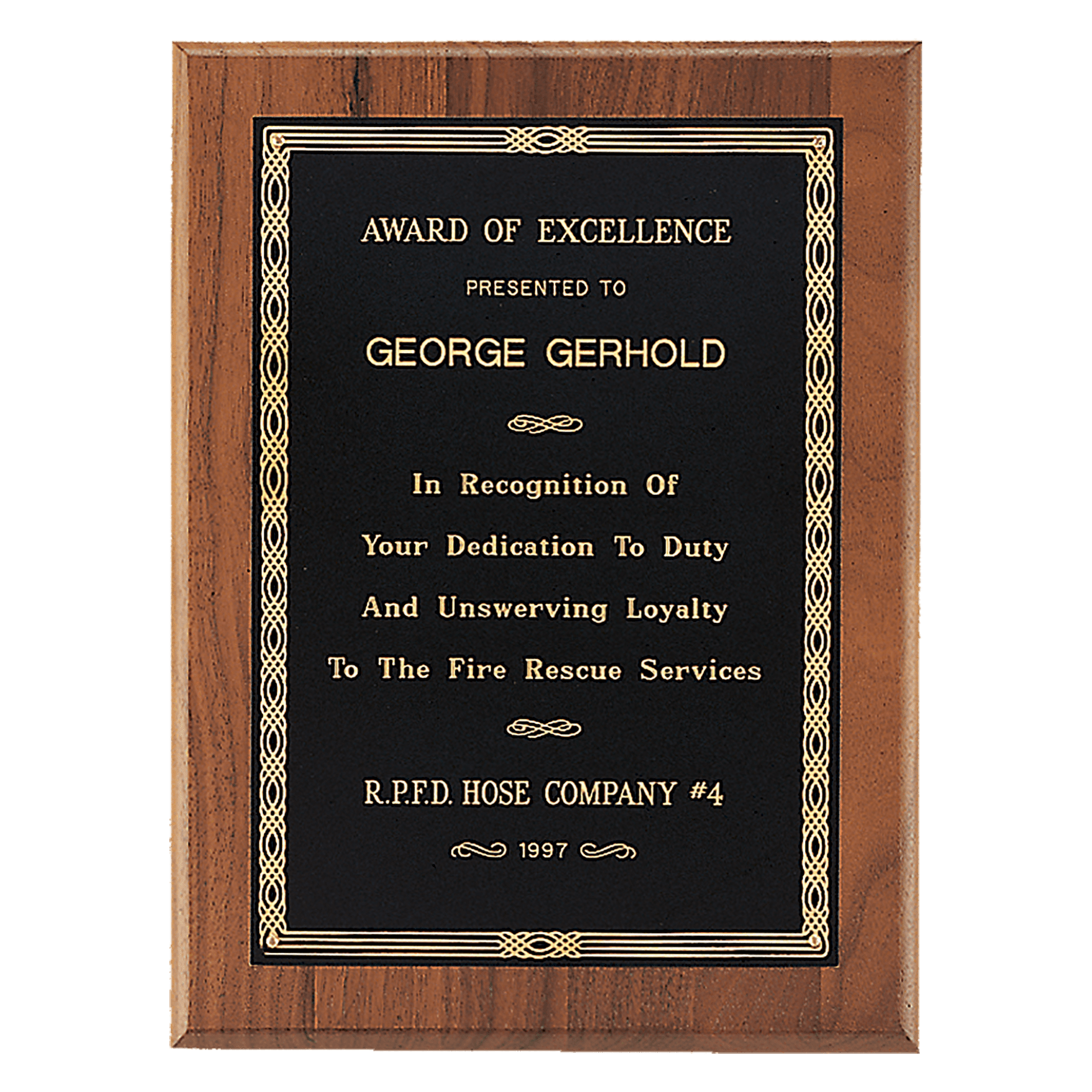5" x 7" Jewelers Black Laserable Gold Border Plate on an American Walnut Plaque- Sheffield Series