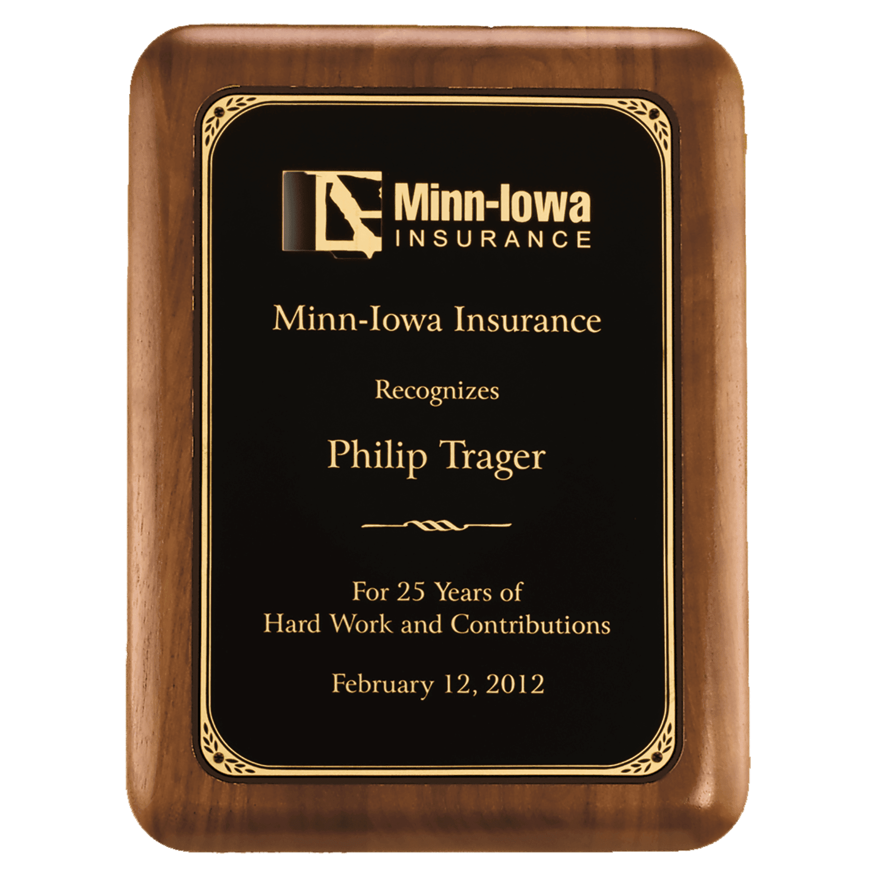 7" x 8" American Walnut Plaque with Gold Border Laserable Black Brass Plate