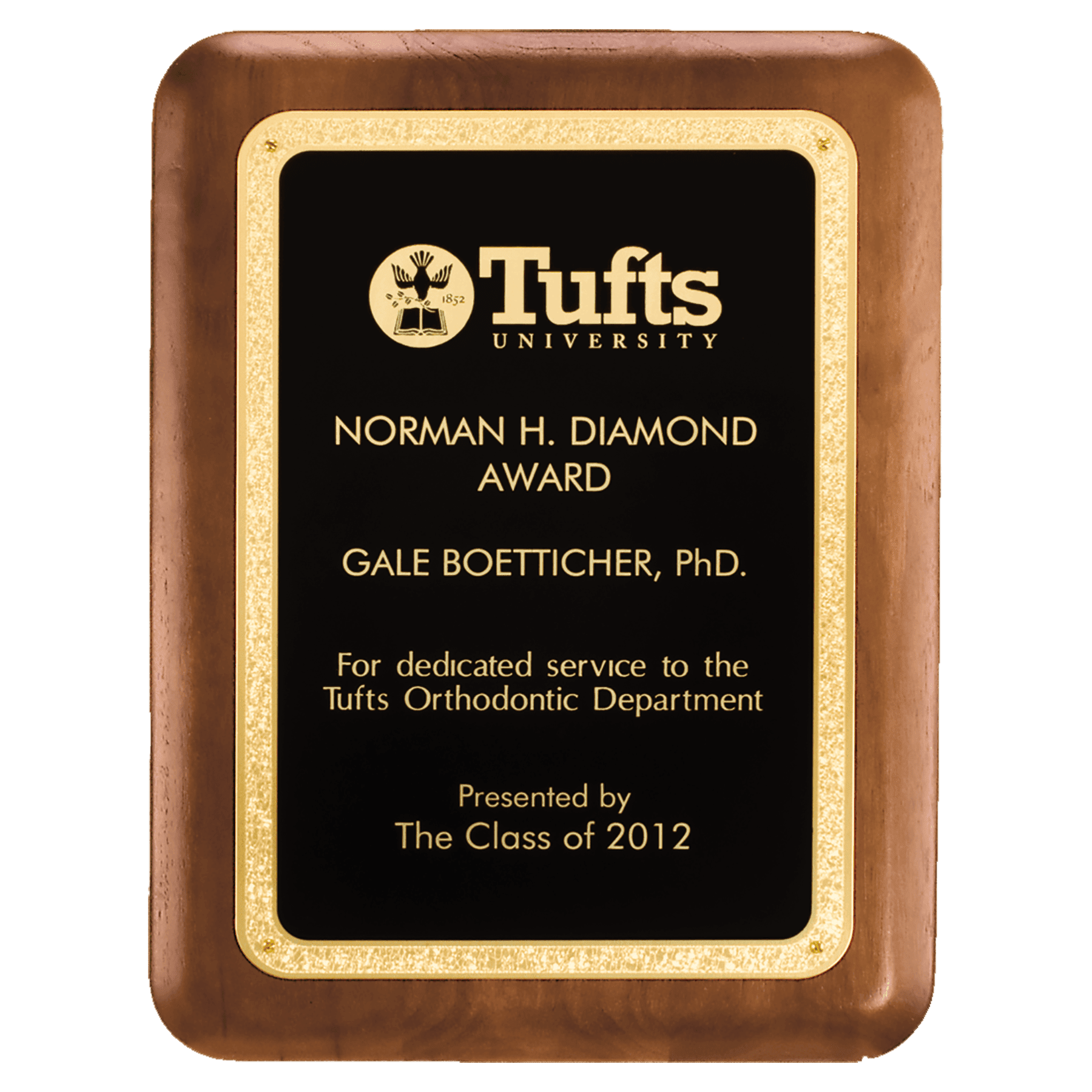 8" x 10 1/2" American Walnut Plaque with Textured Black LaserFX Plate with Gold Florentine Border