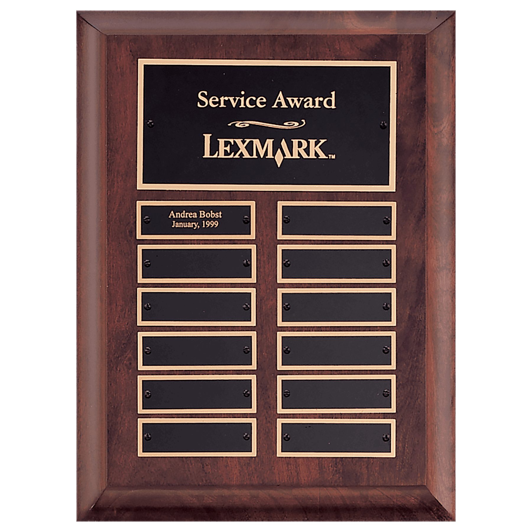 9" x 12" Airflyte Cherry Finish Perpetual Plaque with 12 Gold Border Black Laserable Brass Perpetual Plates