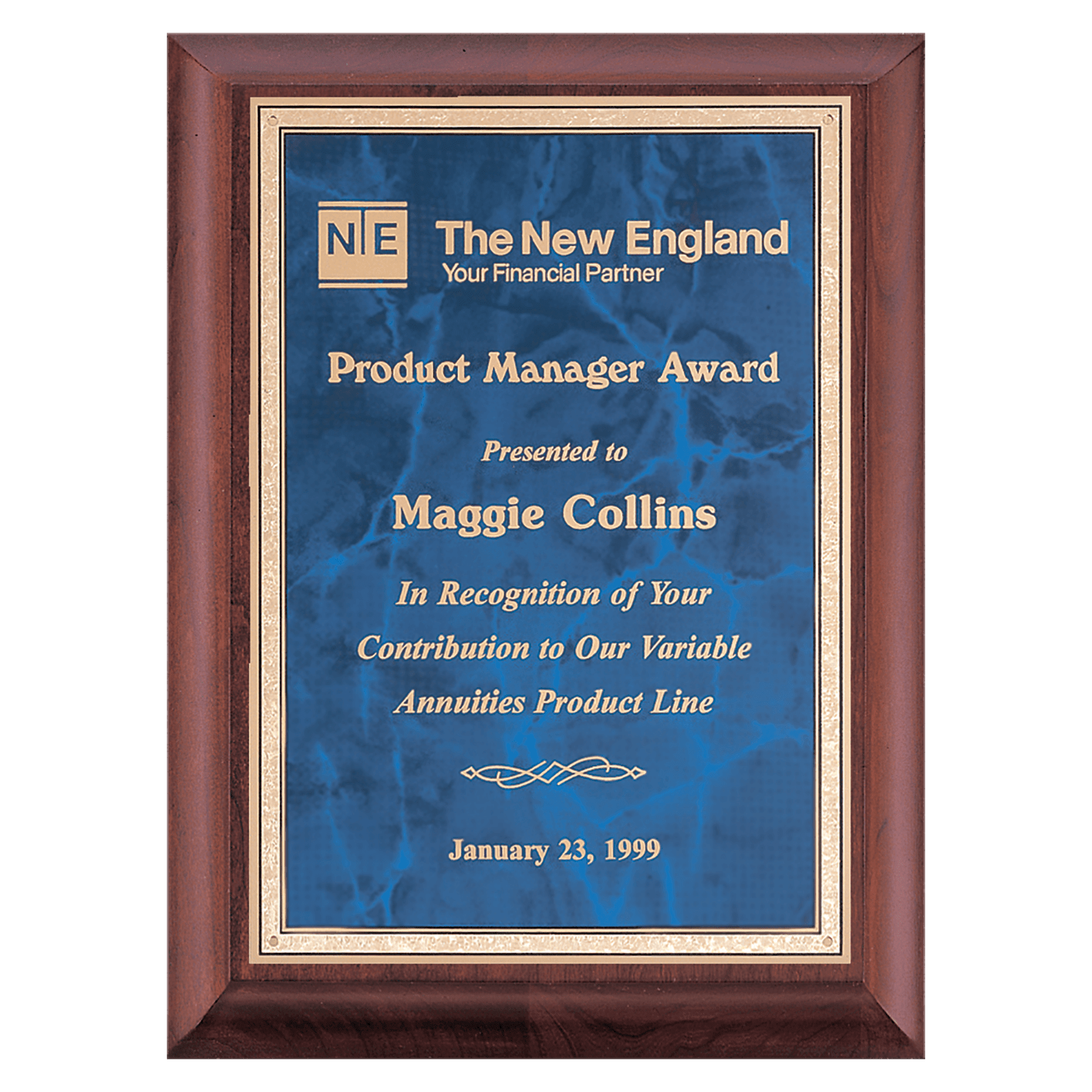 9" x 12" Hand Rubbed Cherry Finish Plaque with Sapphire Marble Gold Border LaserFX Plate