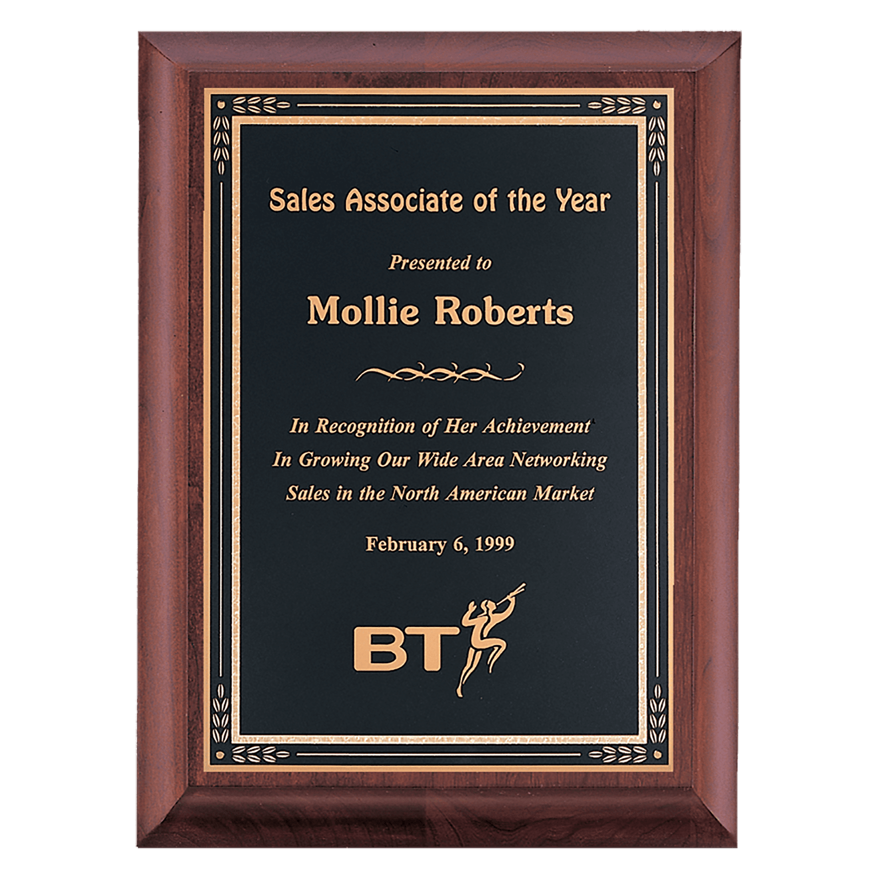 8" x 10" Hand Rubbed Cherry Finish Plaque with Black Gold Florentine Border LaserFX Plate