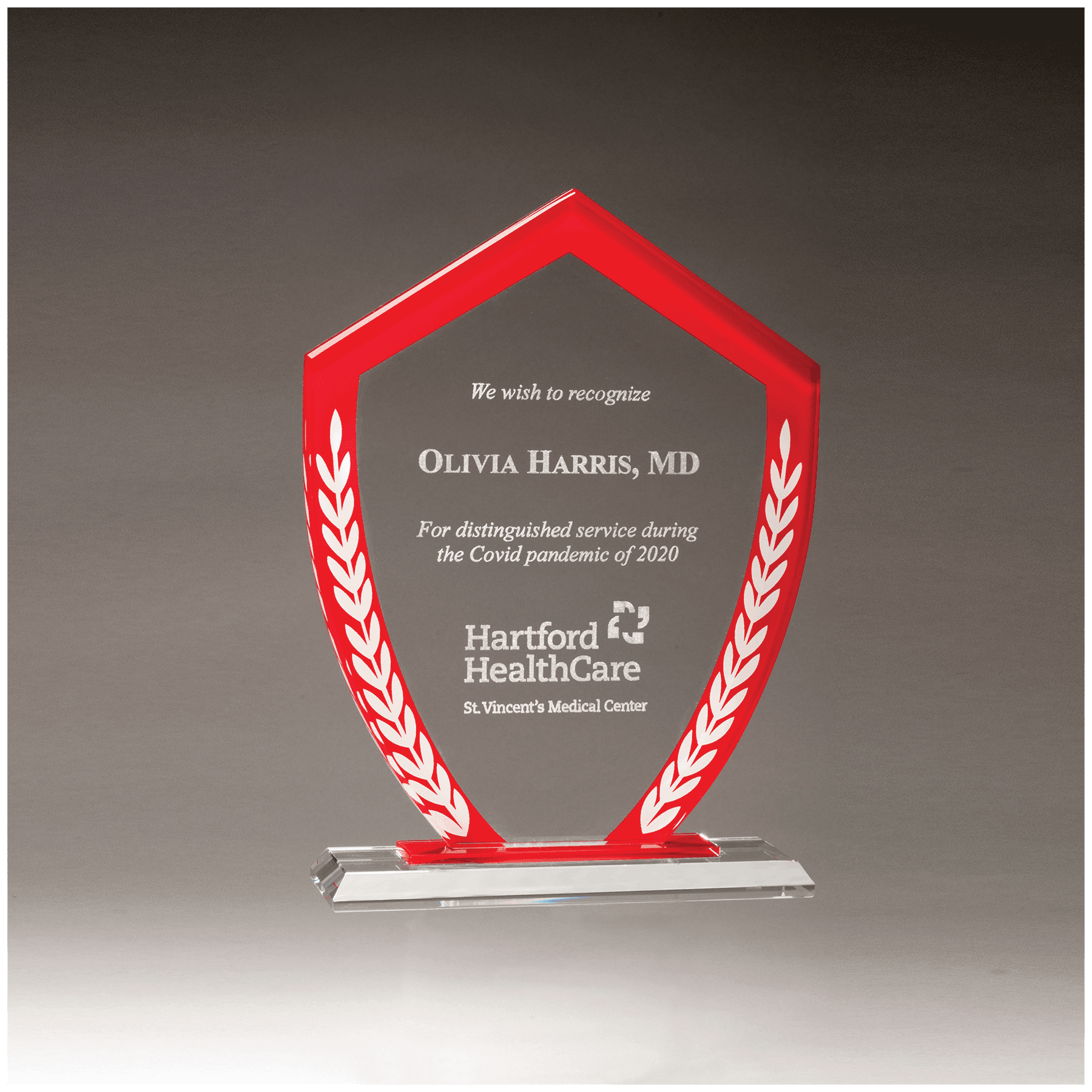 5 7/8" x 8 1/8" Shield Shaped Glass Award with Red Border and White Laurel Leaves