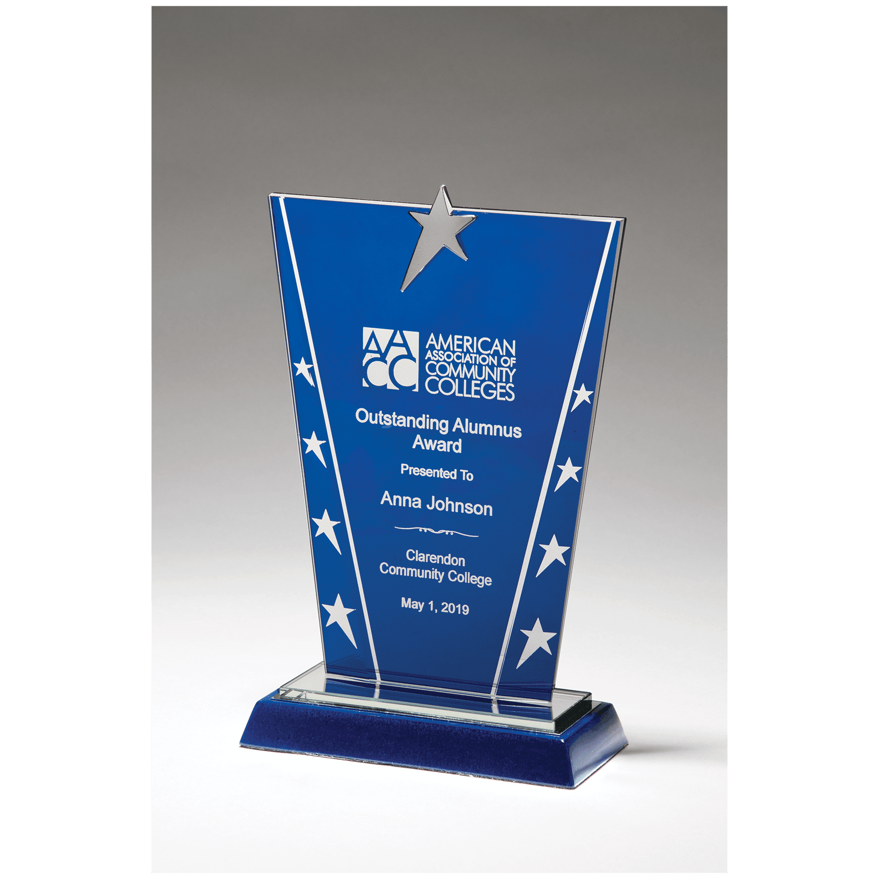 6 3/8" x 9 5/8" Constellation Series Glass Award with Blue Background with Chrome Plated Star