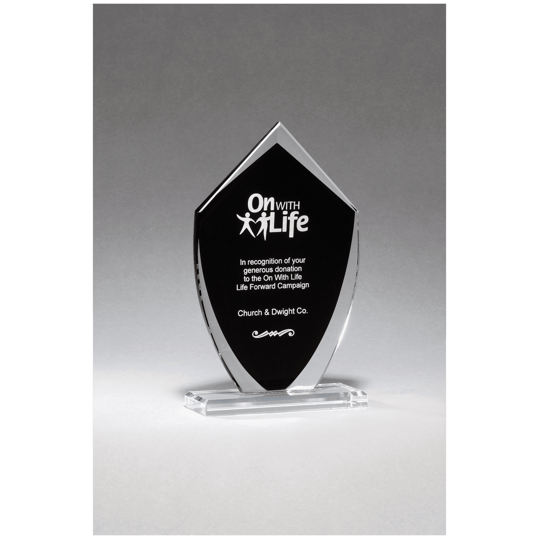 4 1/4" x 7 1/4" Shield Shaped Glass Award with Black Silkscreened Center