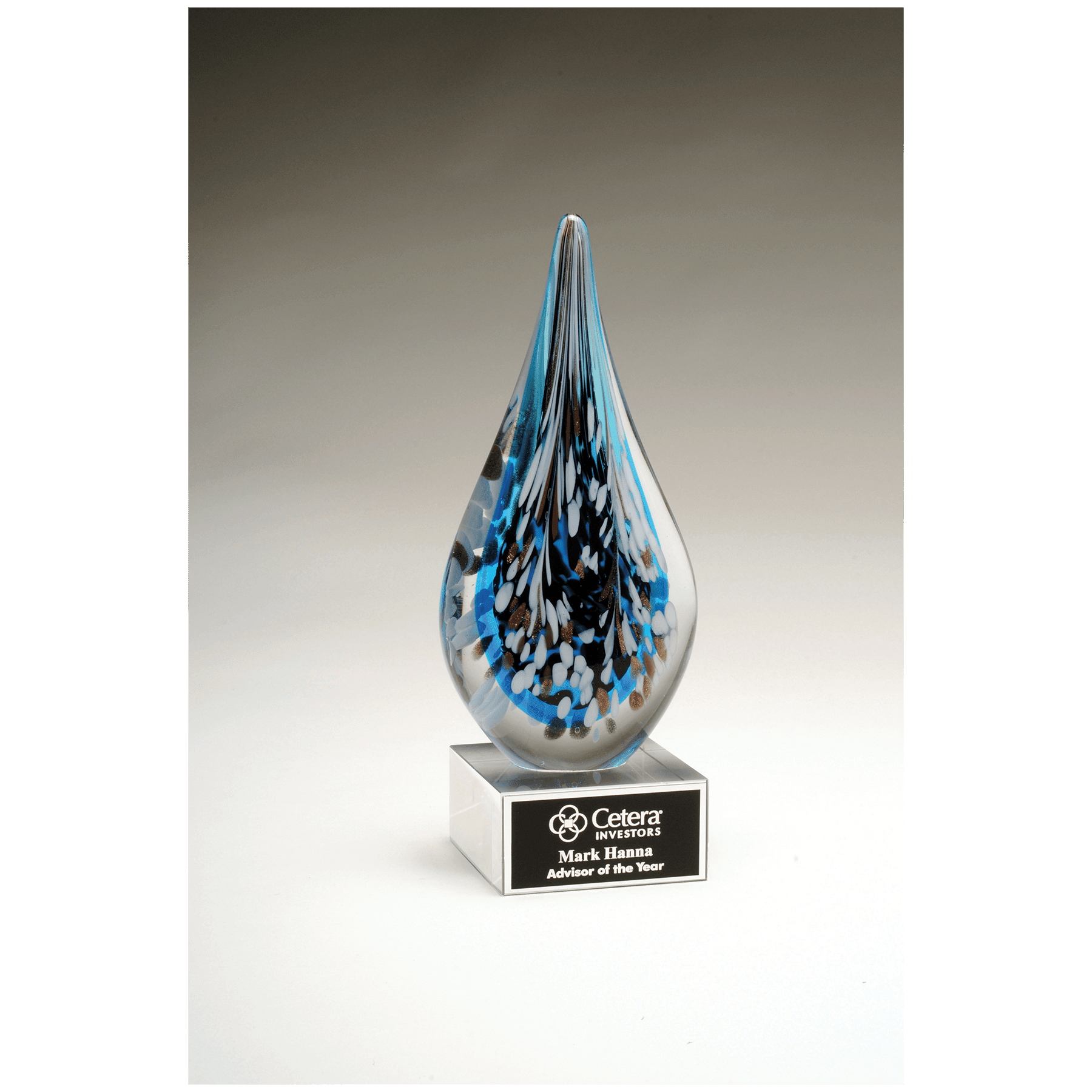 10" Multi-Colored Teardrop Art Glass on Clear Glass Base with Black Laserable Aluminum Plate
