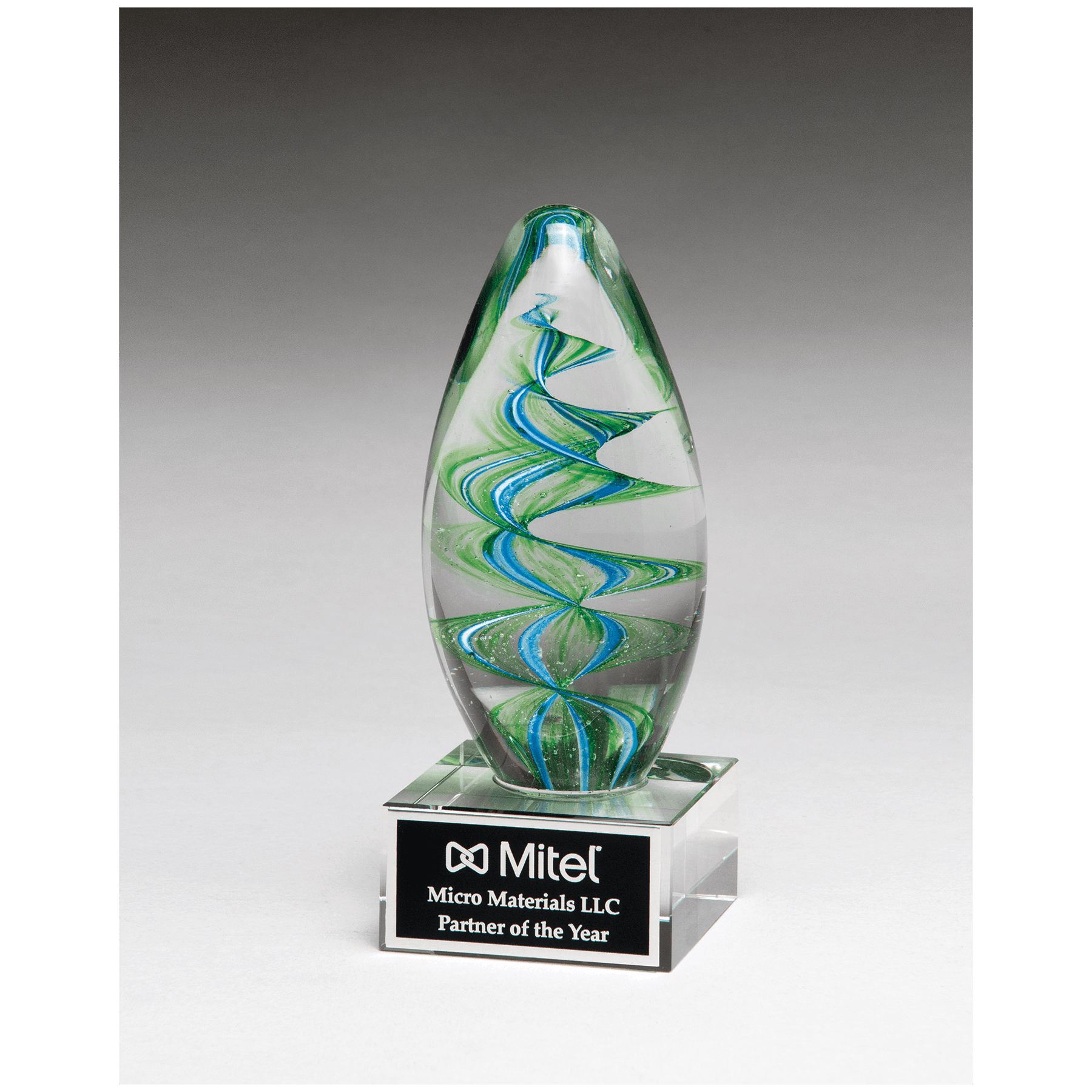 6 1/2" Blue and Green Helix Egg Shaped Art Glass on Clear Glass Base with Black Laserable Aluminum Plate