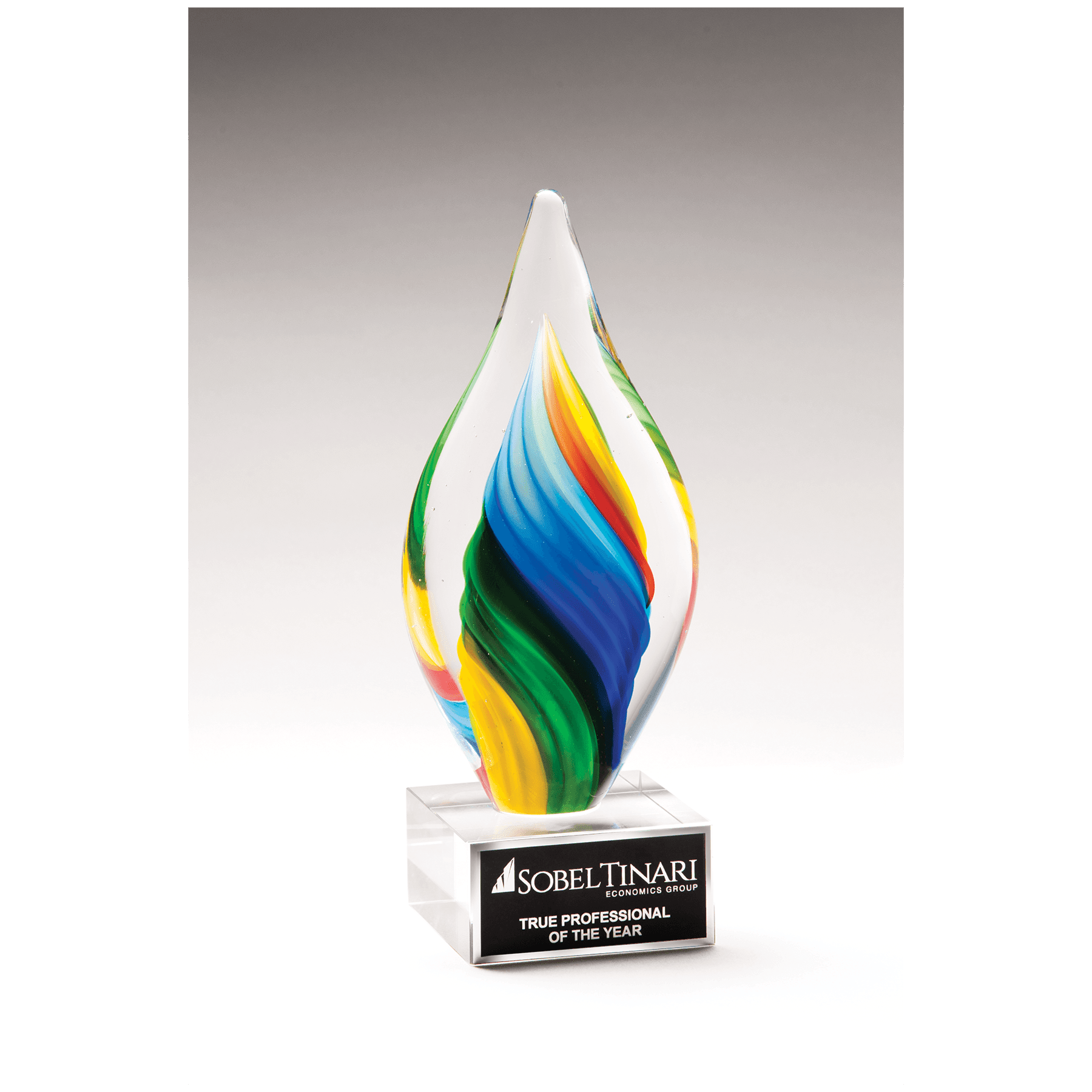 9" Rainbow Twist Art Glass on Clear Glass Base with Black Laserable Aluminum Plate
