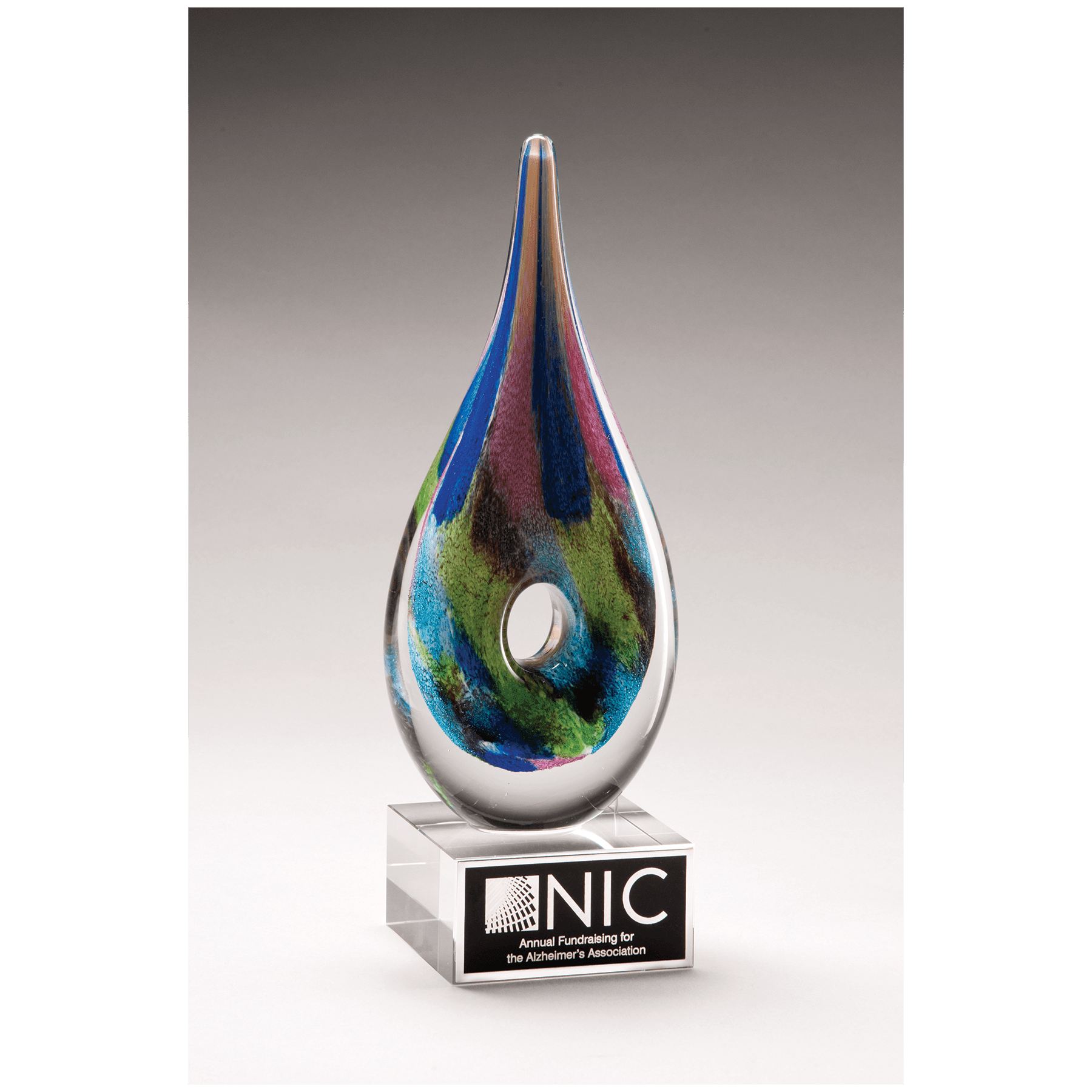 9 7/8" Multi-Colored Teardrop Art Glass on Clear Glass Base with Black Laserable Aluminum Plate