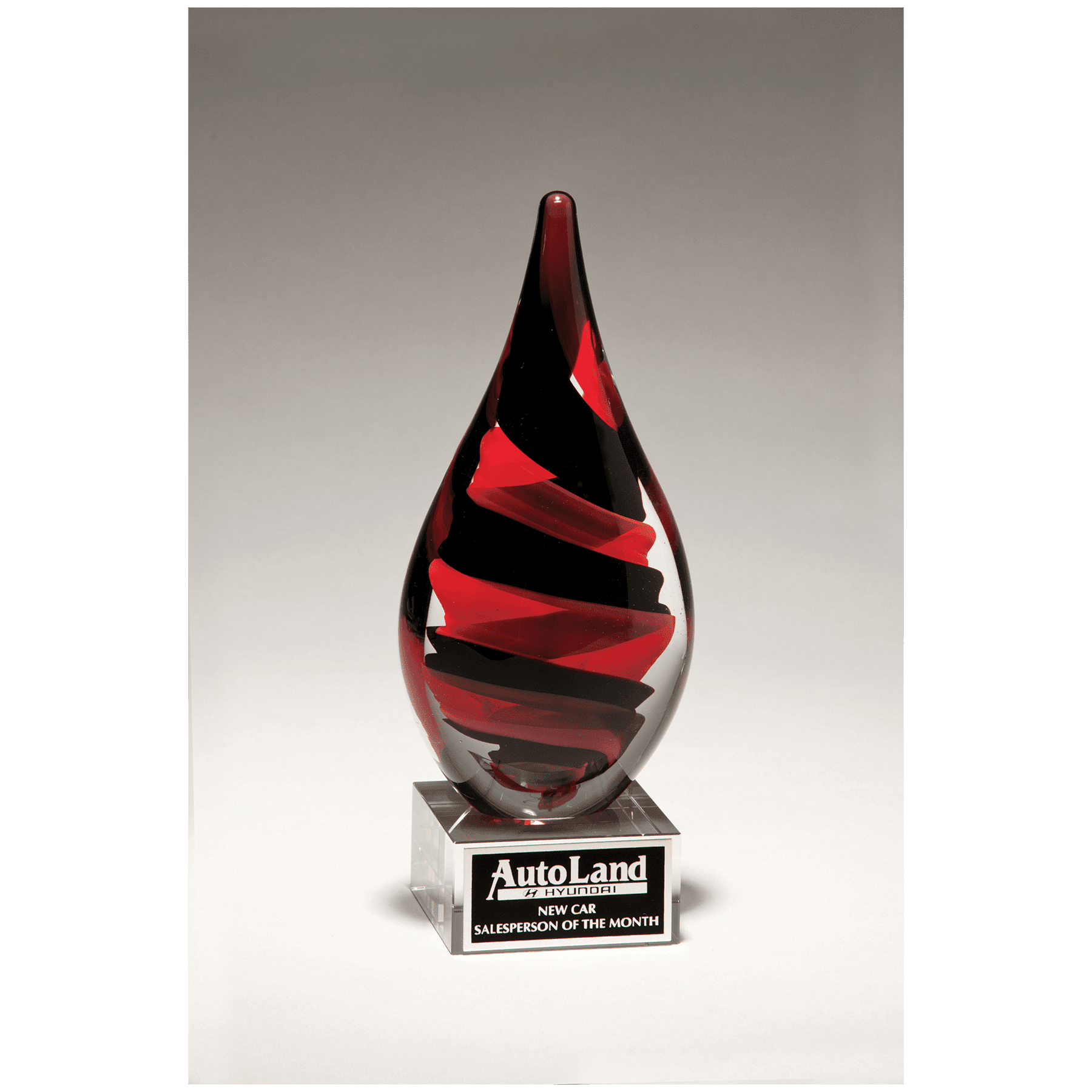 8" Black and Red Helix Teardrop on Clear Glass Base with Black Laserable Aluminum Plate