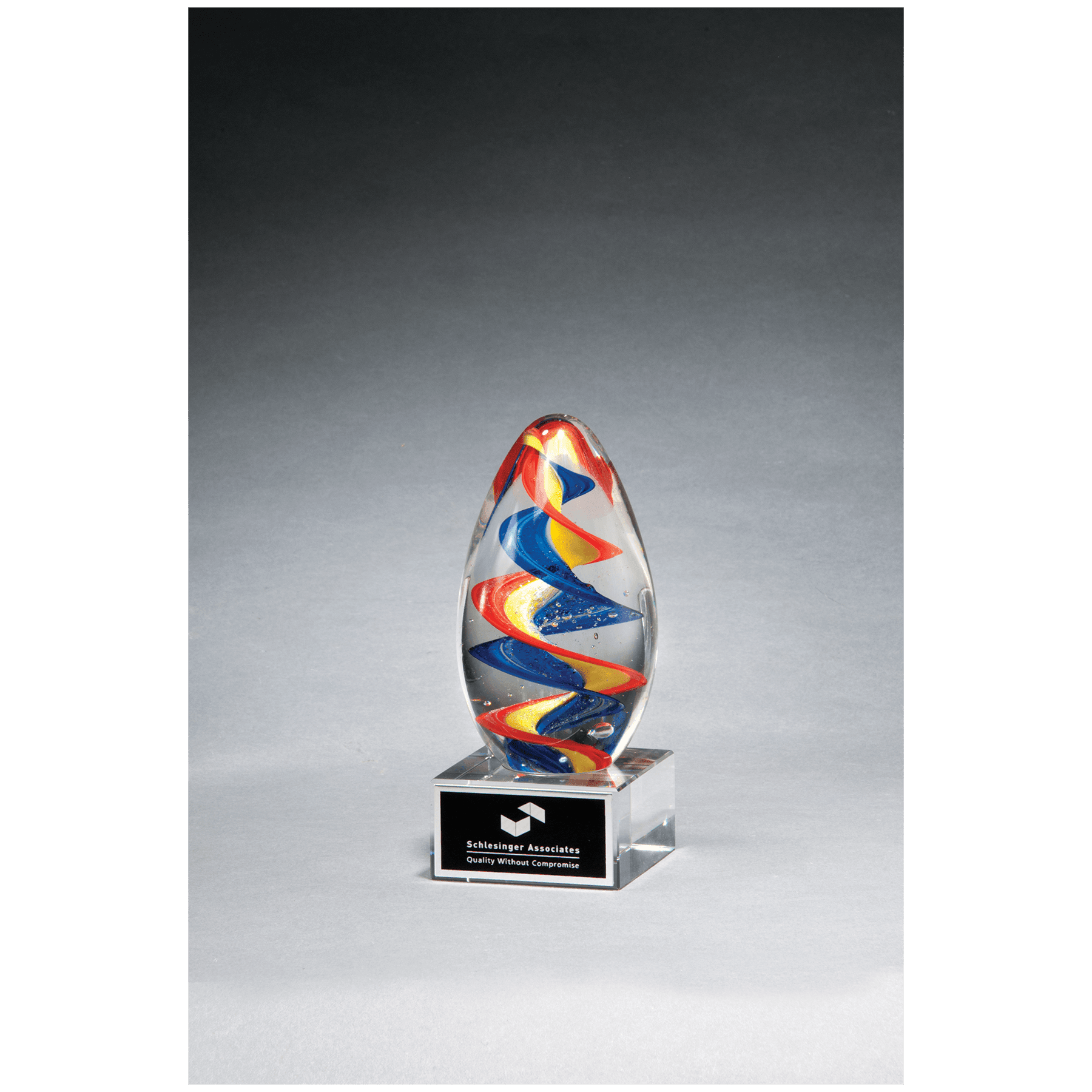 6" Colorful Egg Shaped Art Glass on Clear Glass Base with Black Laserable Aluminum Plate