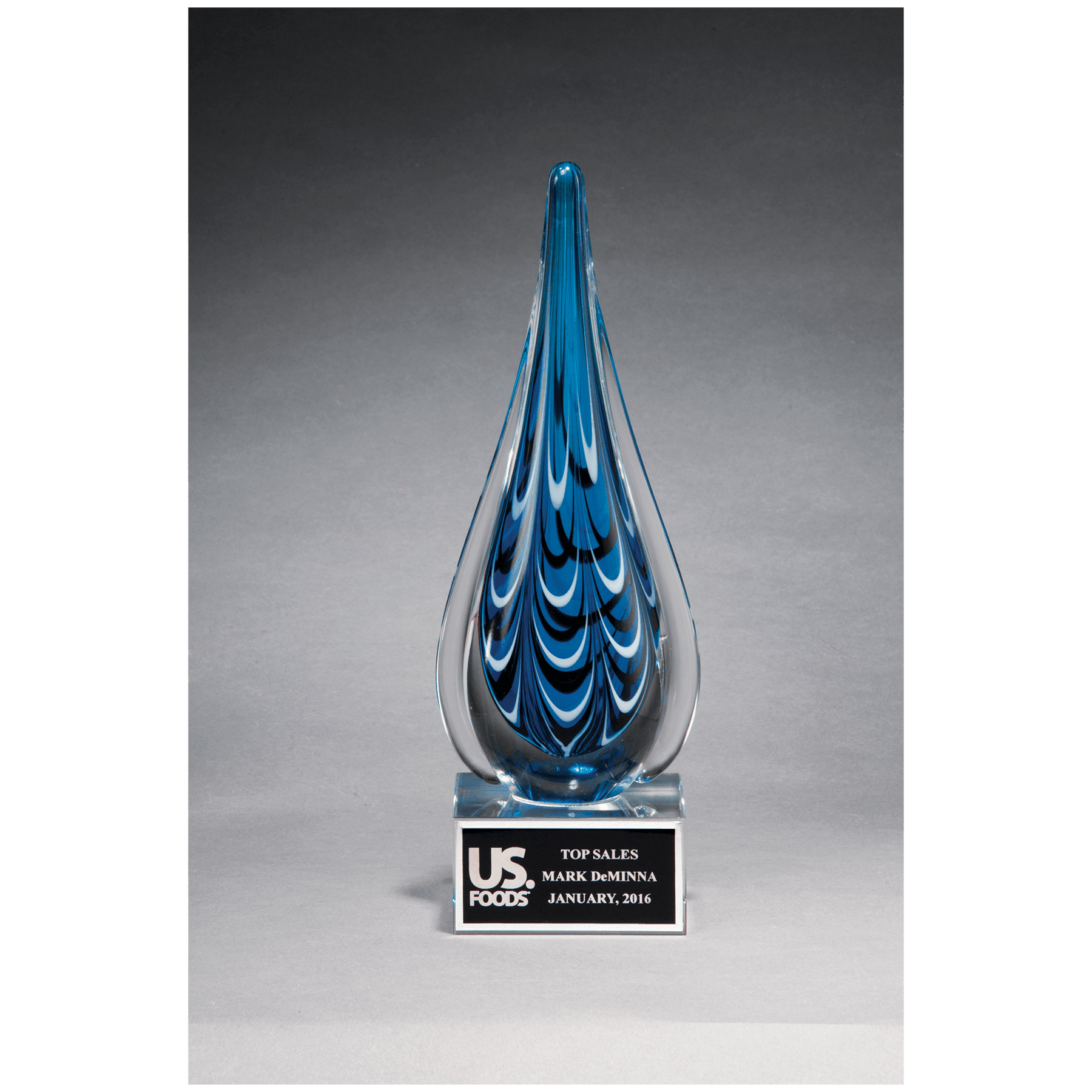 10" Blue and Black Teardrop Art Glass on Clear Glass Base with Black Laserable Aluminum Plate