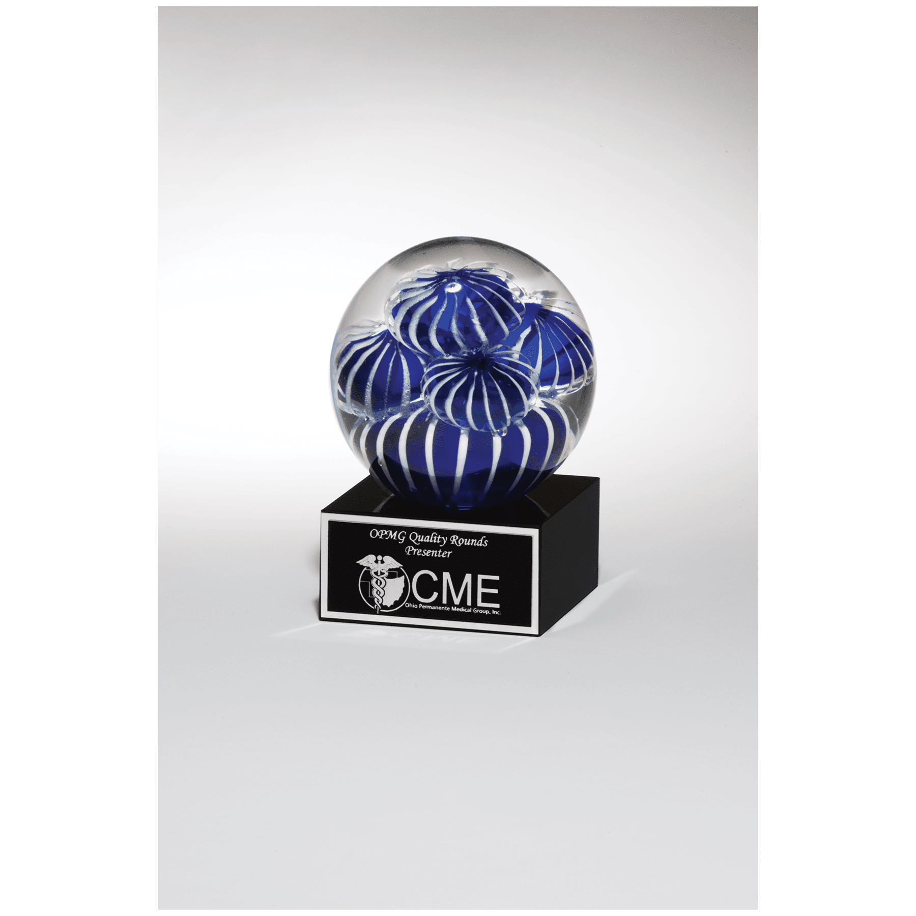 5" Globe with Blue and White Sea Anemone Design on Black Glass Base with Black Laserable Aluminum Plate