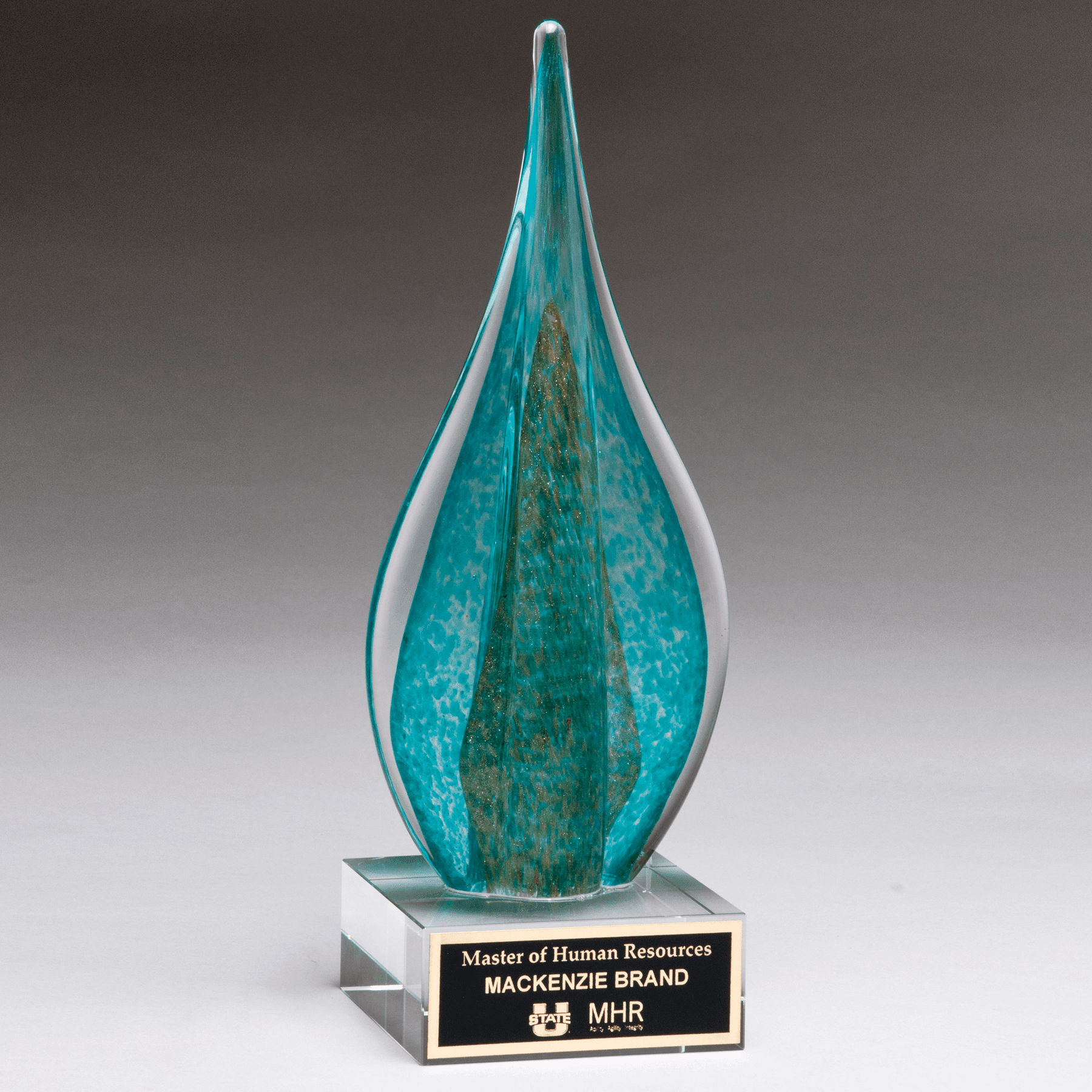 11 1/2" Teal/Green Teardrop with Gold Metallic Accent on Clear Glass Base with Black Laser Aluminum Plate