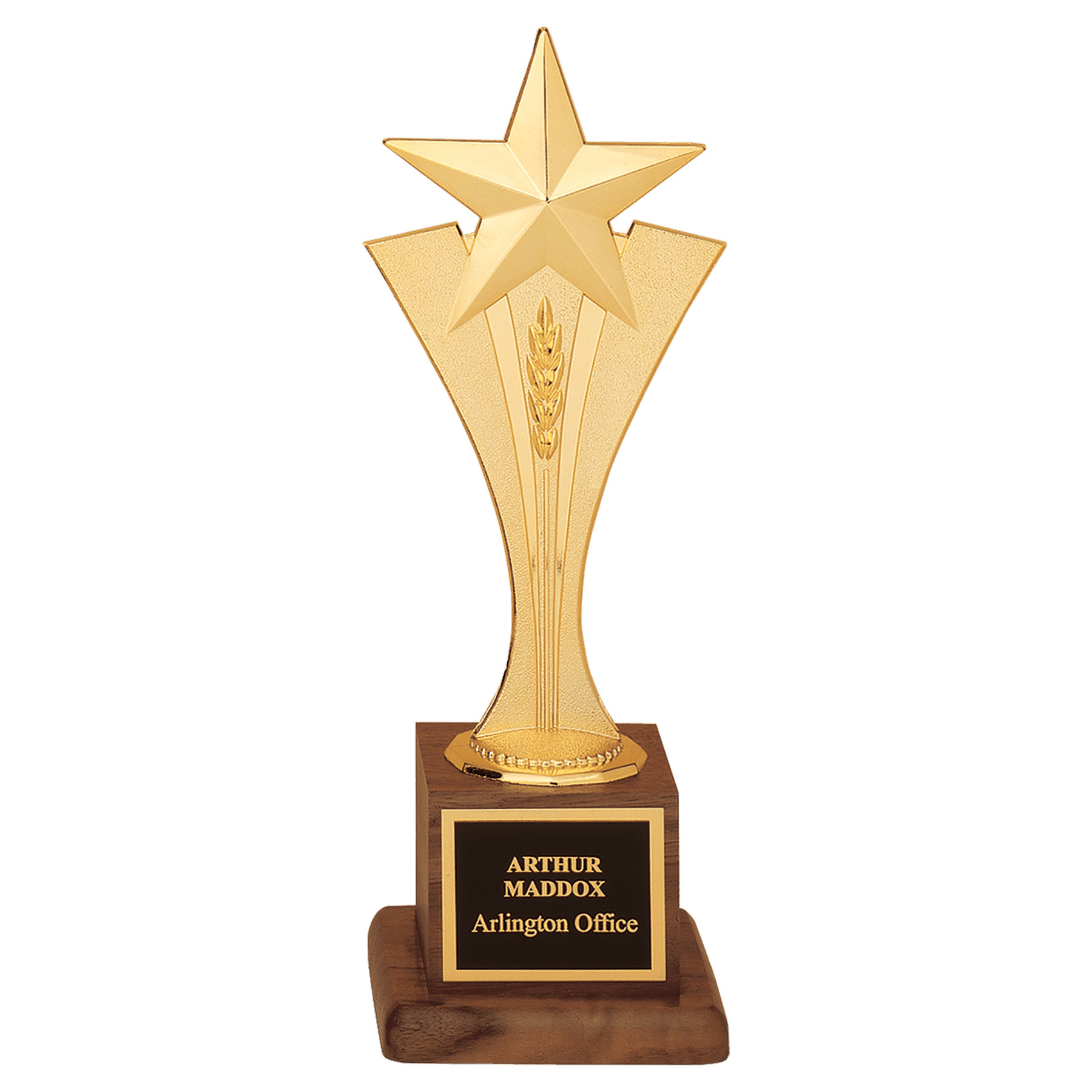 3 1/2" x 10" Modern Goldtone Star Casting on a Walnut Finish Base with Laserable Black Brass Plate