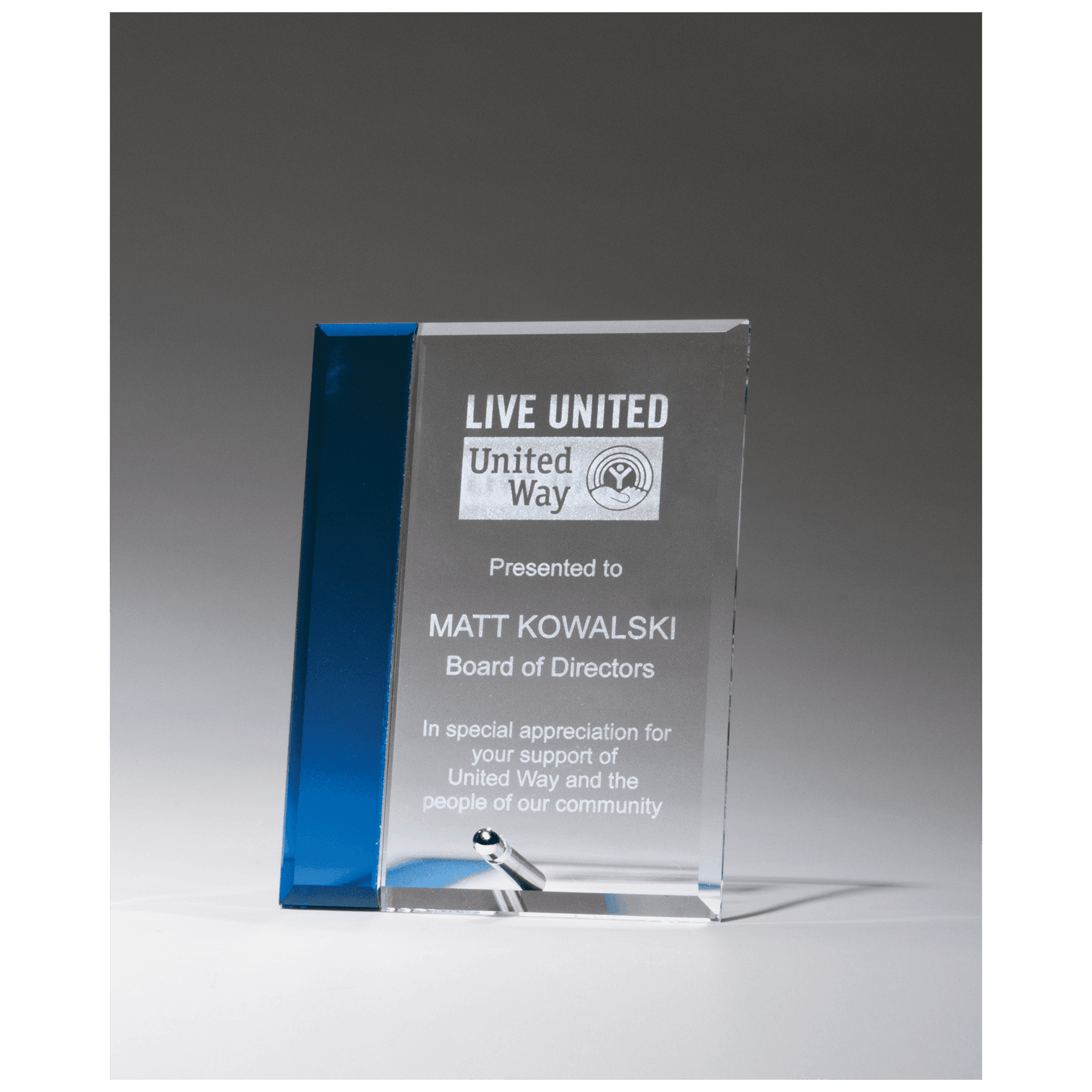 6" x 8" Clear Glass with Sapphire Blue Highlight and Silver Plated Easel Post