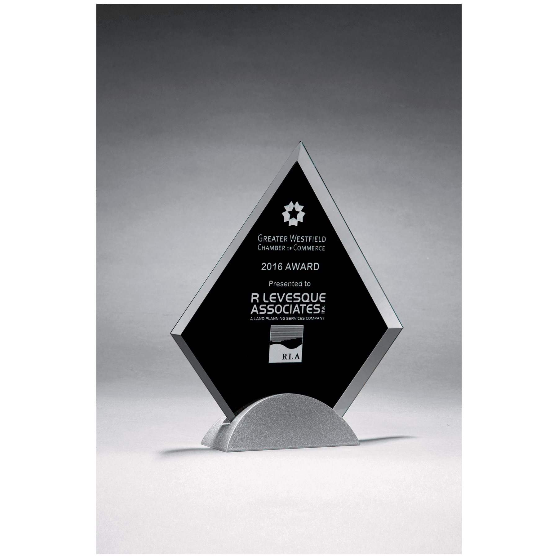 6 1/4" x 7 3/8" Diamond Shaped Glass Award, Black Silkscreen on Silver     Metal Base