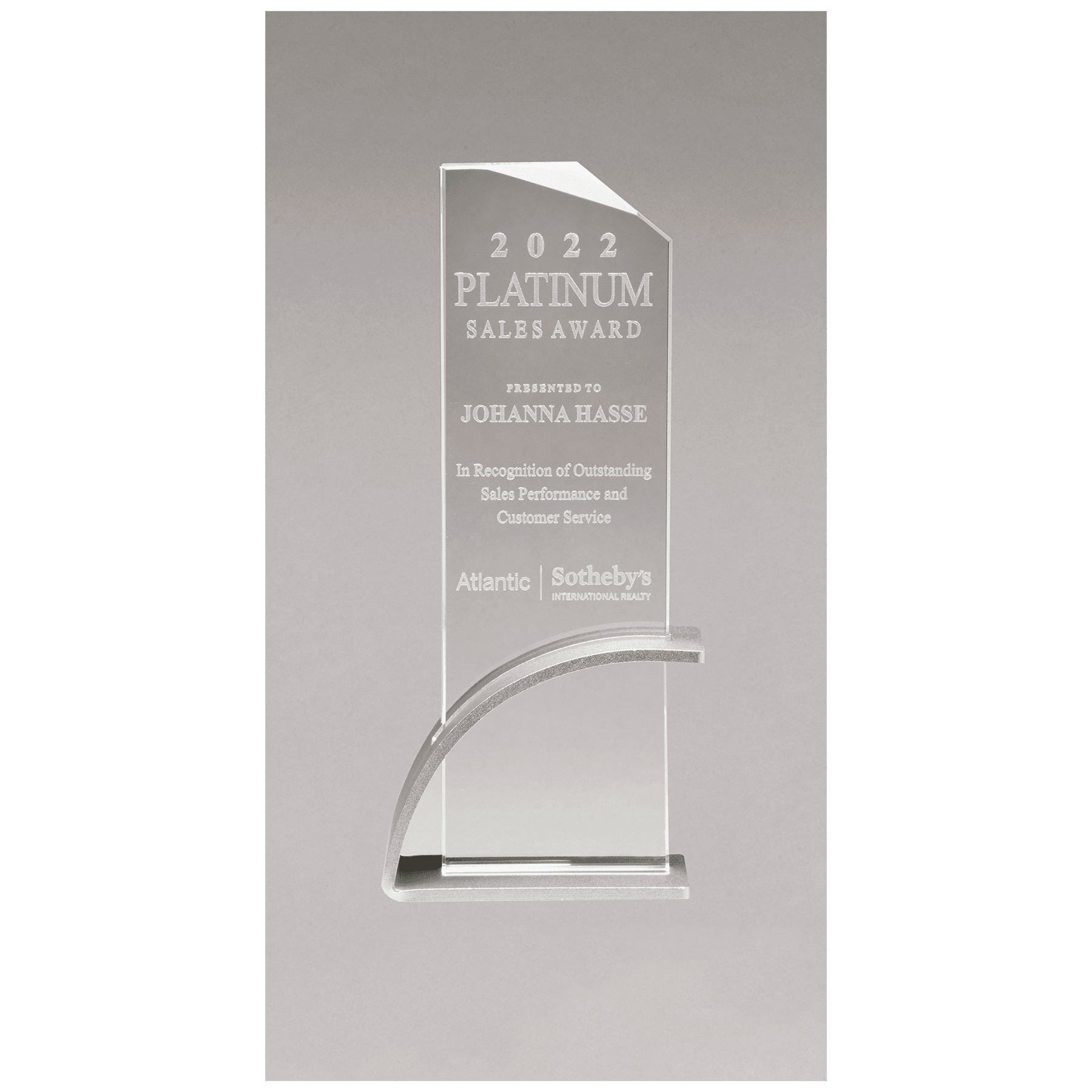 3 7/8" x 8 1/2" x 1/2" Thick Silver Contemporary Clear Glass Award, Arched Base with Matte Metallic Finish