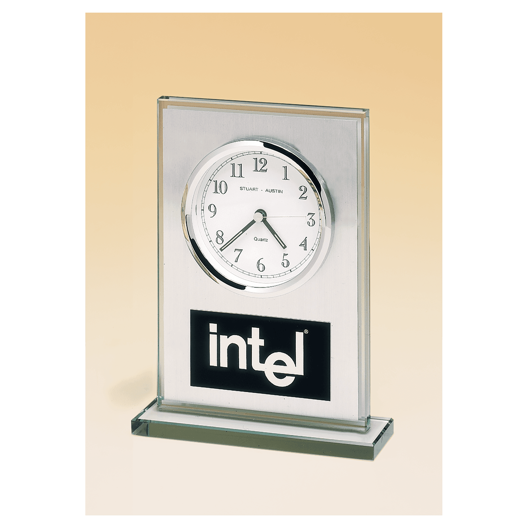 7 1/4" x 4 7/8" Glass Clock, Brushed Aluminum Panel, White Dial and Black Aluminum Plate