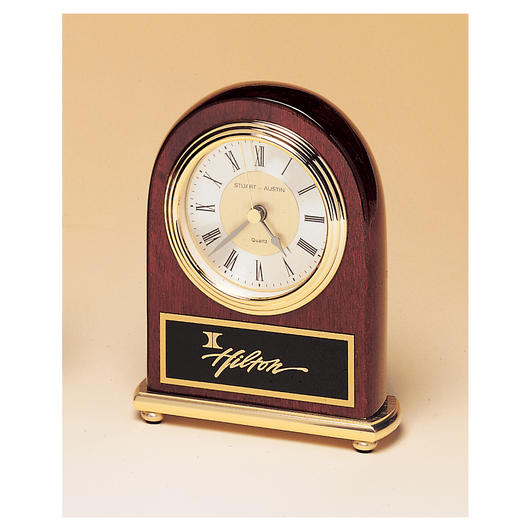 4" x 5" Rosewood Arch Piano Finish Clock, Brass Base, Diamond Spun Dial, 3 Hand Movement with Black Laserable Plate