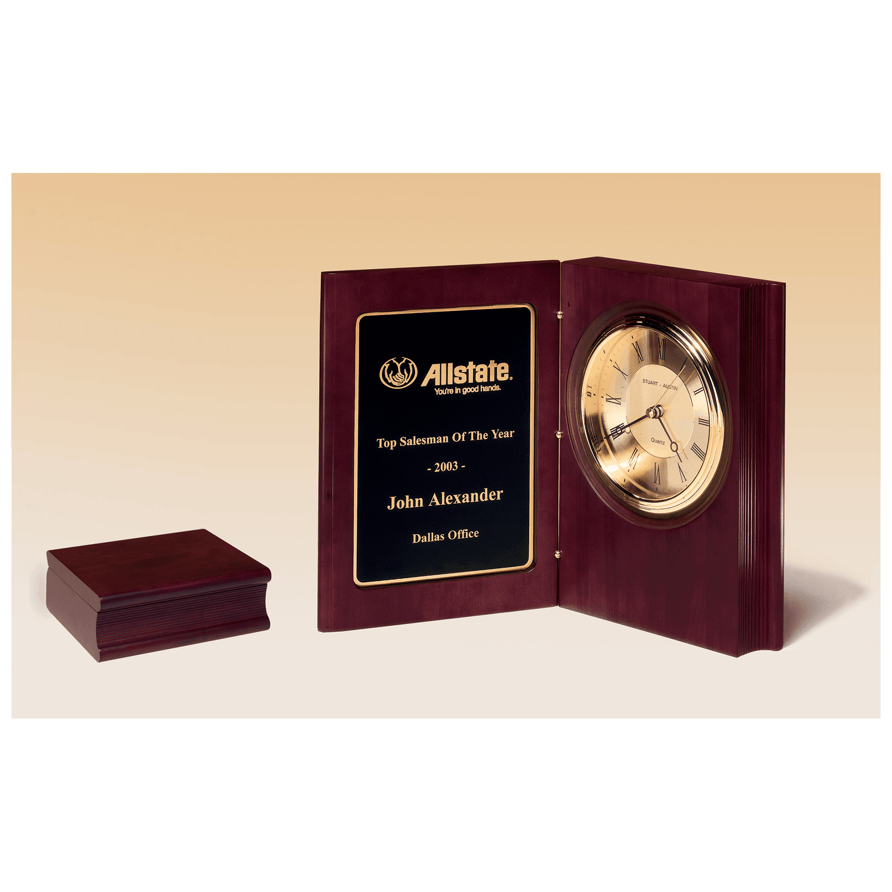 9" x 6 3/4" Hand Rubbed Mahogany Finish Book Clock, Diamond Spun Dial, 3 Hand Movement, Black Laserable Plate