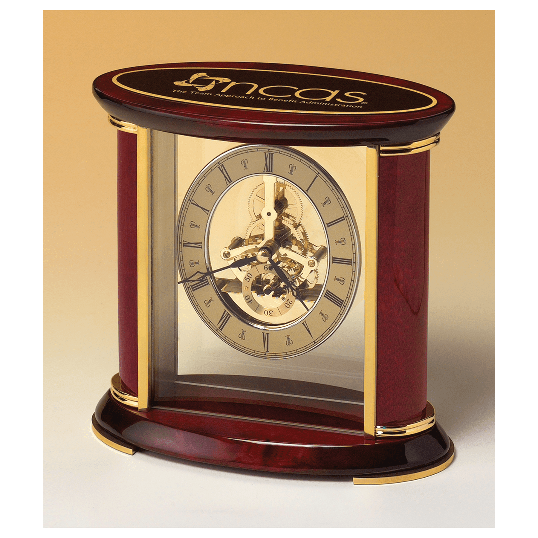 7" x 9" Skeleton Clock w/Sub-Second Dial, Brass Finish Movement, Rosewood Piano Accents, Plate